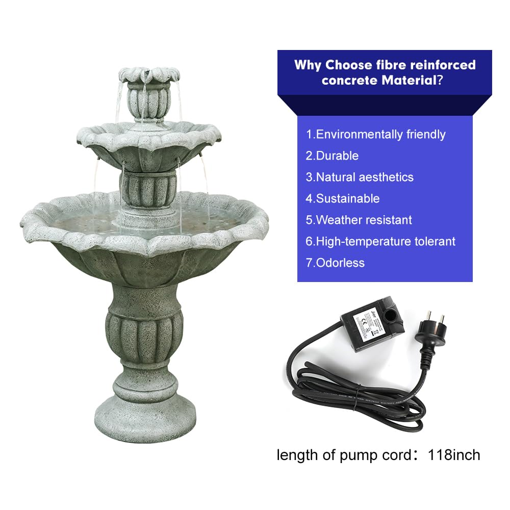 SunJet 39.3” High Modern Concrete Outdoor Water Fountain - 3 Tiered Large Floor Water Fountain and Waterfalls with Electric Pump for Garden, Patio, Yard, and Deck Decor, Featuring Natural Stone Look