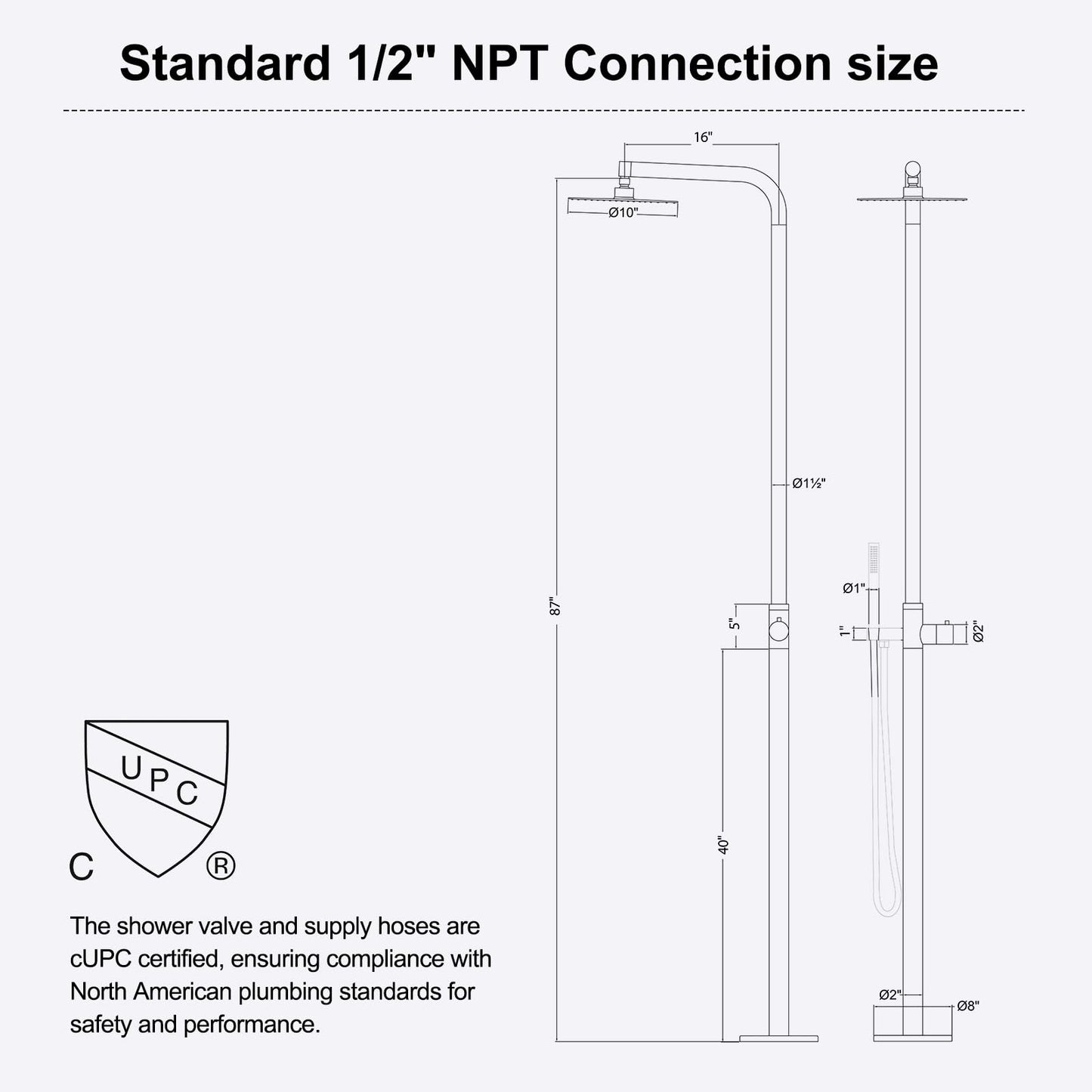 RBROHANT Freestanding Outdoor Shower, 316 Marine Grade Stainless Steel Beach Shower, Free Standing Hot and Cold Water Pool Shower with 10’’ Rain Shower Head and Handheld, Brushed Nickel, Floor Mounted