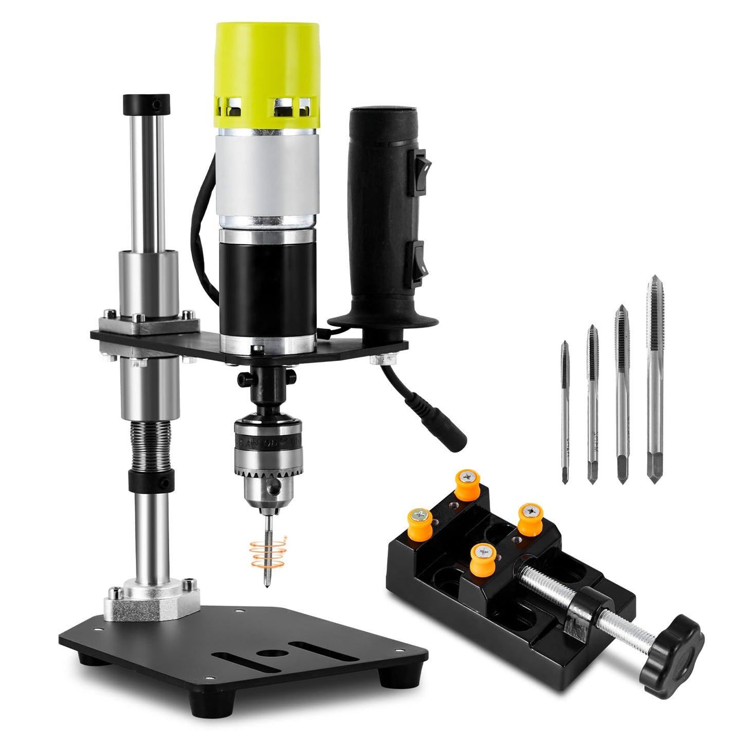 Consfly M3-M6 Electric Tapping Machine Vertical Tapping Tool with Bench Vice & 4 Taps Adjustable Tapper for Metal Wood Plastic 110V 100-200r/min