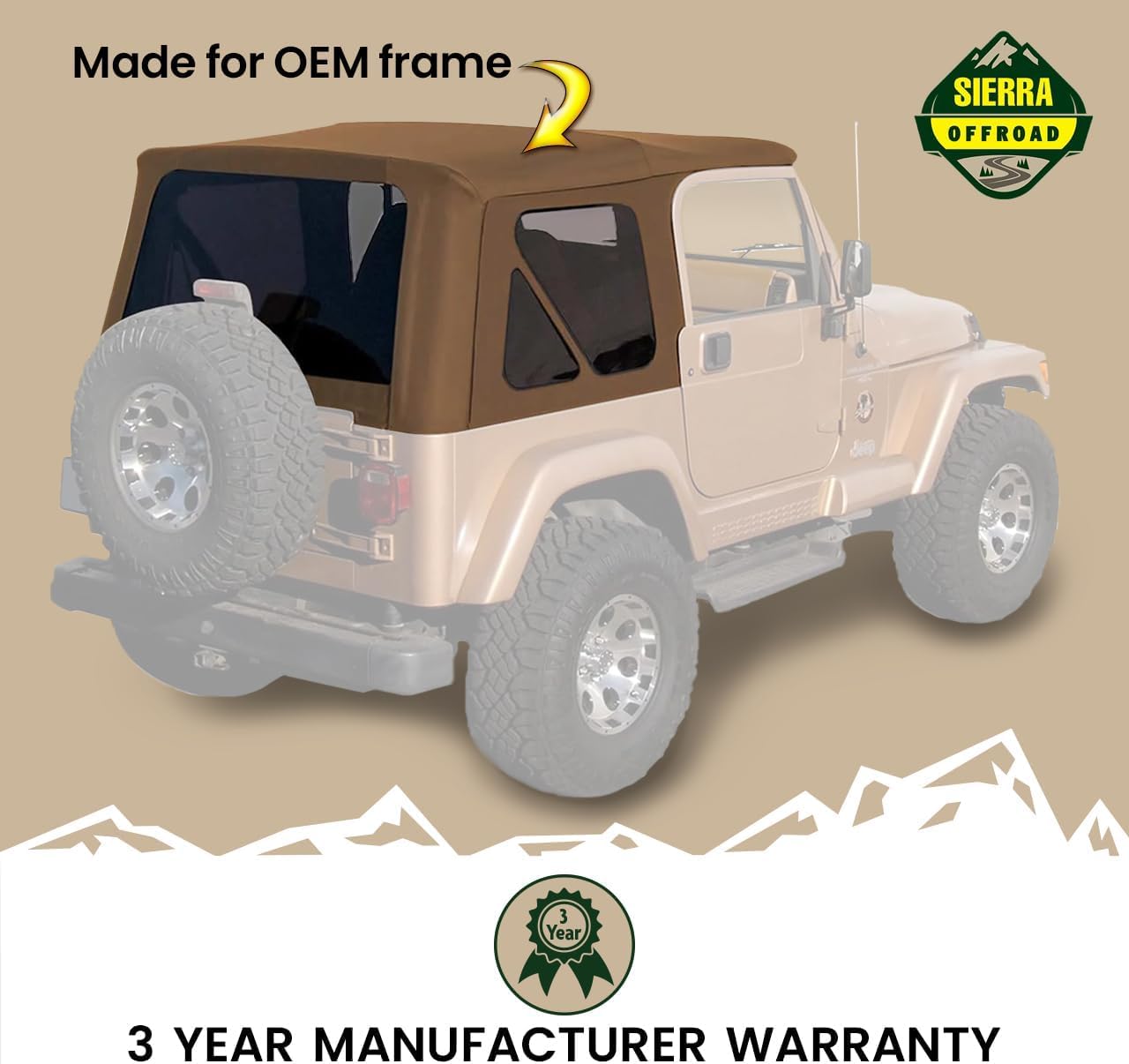 Sierra Offroad Soft Top for 1997 to 2006 Jeep Wrangler TJ - Spice, Sailcloth Vinyl - 2 Door Jeep Soft Top with Rear Plastic Tinted Windows - Factory Precision Fit Replacement - No Upper Door Skins