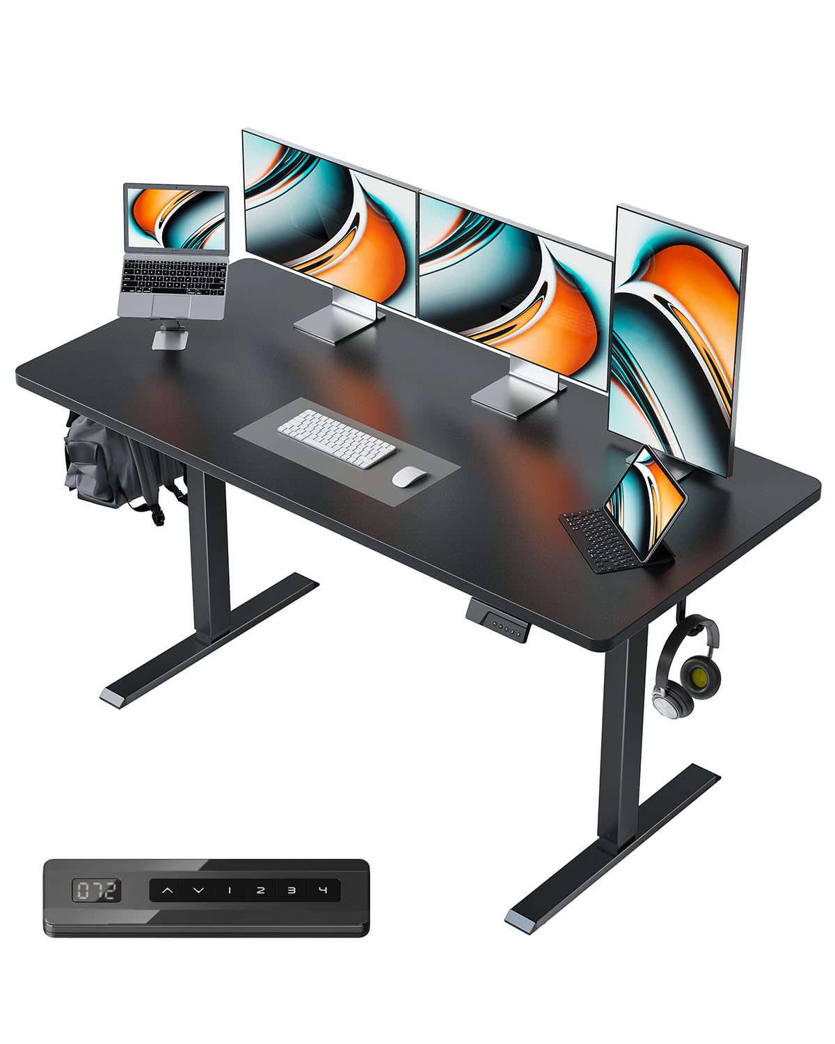 CubiCubi 55 x 24 Large One-Piece Standing Desk, Adjustable Height Electric Computer Home Office Sit Stand up Workstation, with 4 Memory Presets, Headphone Hook, Black