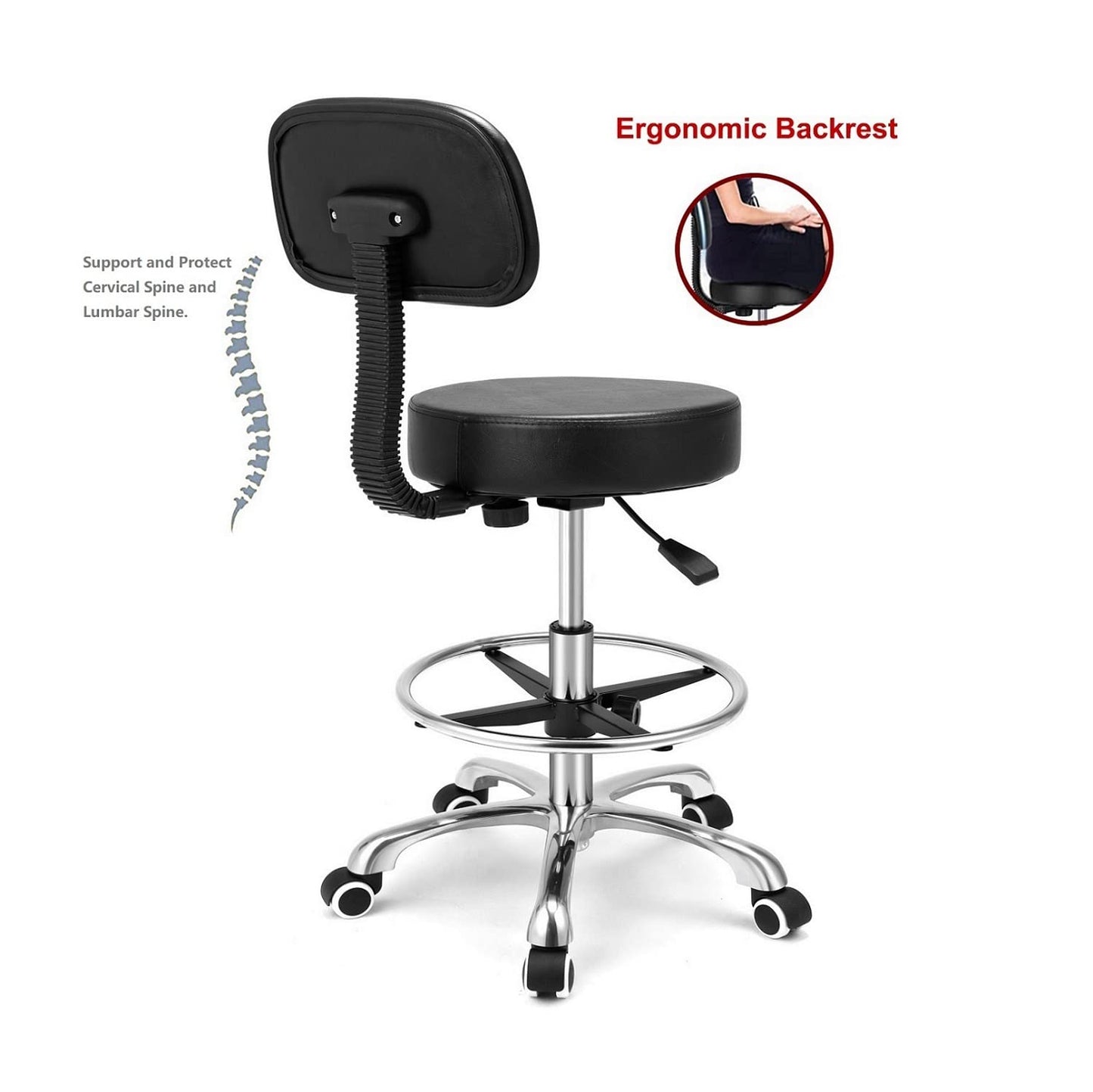 Kaleurrier Rolling Swivel Adjustable Heavy Duty Drafting Stool Chair for Salon Medical Kitchen Lab Clinic Dental Office and Home uses,with Wheels and Back Support (Black with Footrest)