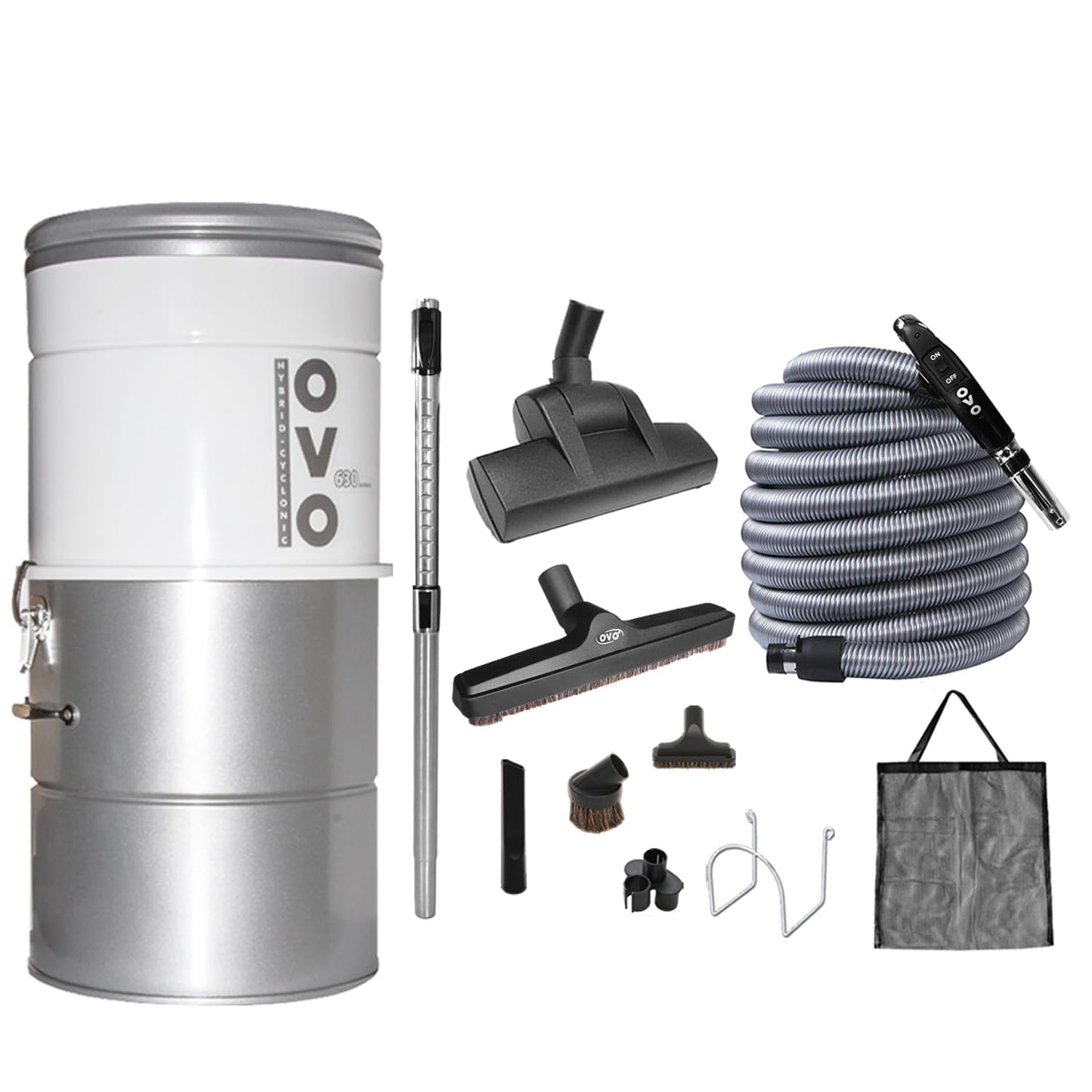 OVO Large and Powerful Central Vacuum System, Hybrid Filtration (with or Without Disposable Bags), 25L or 6.6 Gal, 630 Airwatts + 30 ft Premium Deluxe Plus Accessory Kit