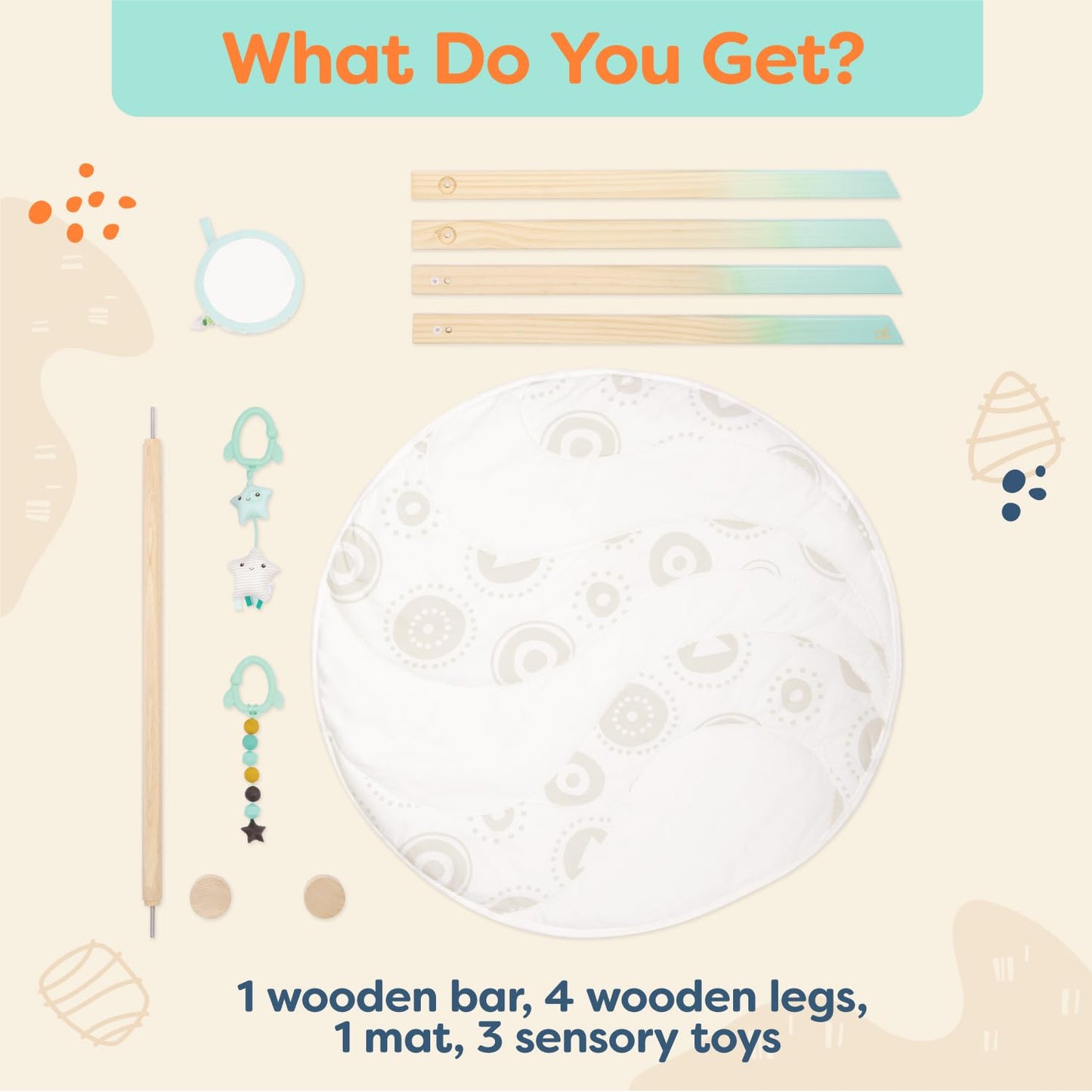 B. toys – Wooden Baby Play Gym – Activity Mat – Starry Sky – 3 Hanging Sensory Toys – Natural Wood – Babies, Infants