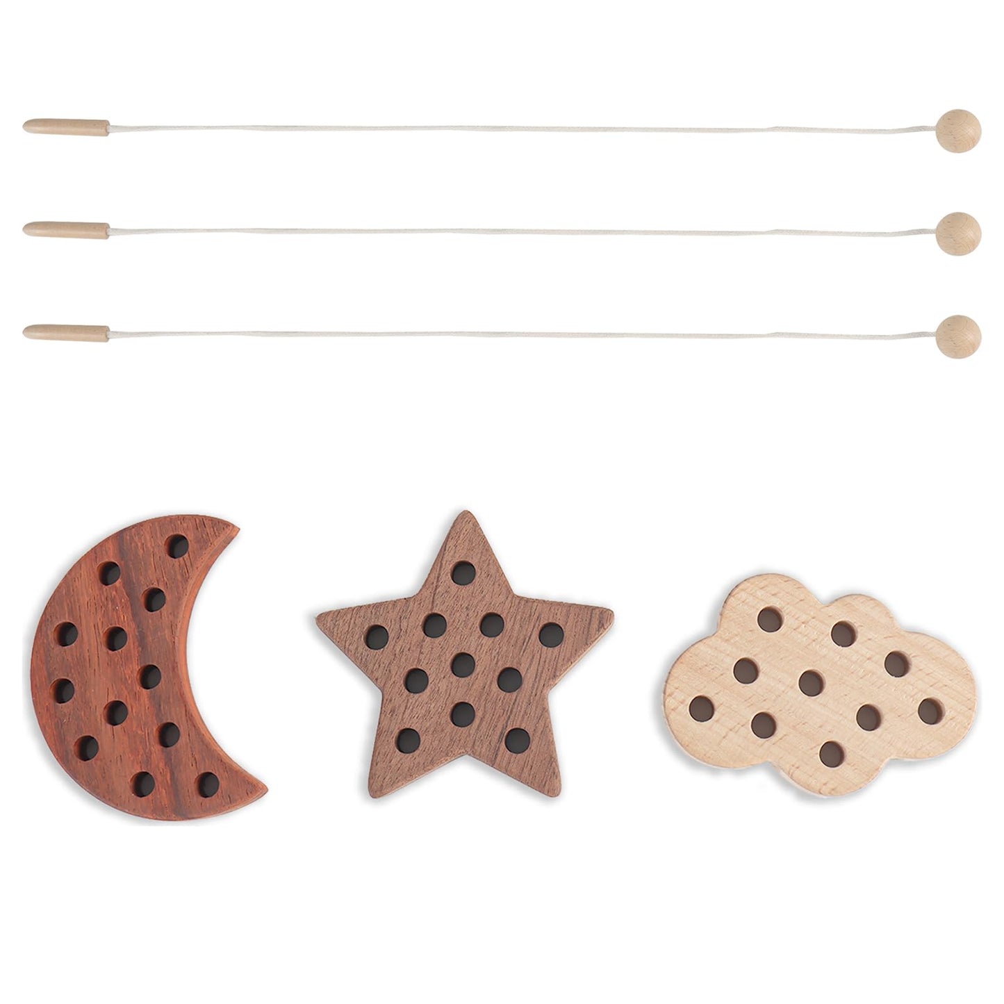 FlameFlash 3 Pack Wooden Lacing Threading Toys for Toddlers 1-3 Solid Wood Threading Activity Puzzles, Moon/Stars/Cloud Quiet Toddler Toys for Airplane Travel Fine Motor Skills Sensory Toys