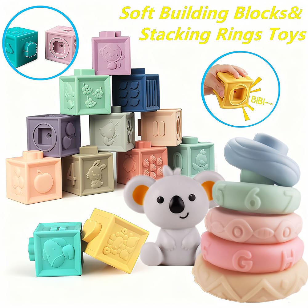 ELLECK Baby Montessori Sensory Toys for 0-6 6-12 Months, Teething Toys for Babies 0 3 6 9 12 18 Months, Infant, Newborn Rattle Teether, Blocks, Soft Stacking Rings, Ideal Baby Boy Girl Gifts Set