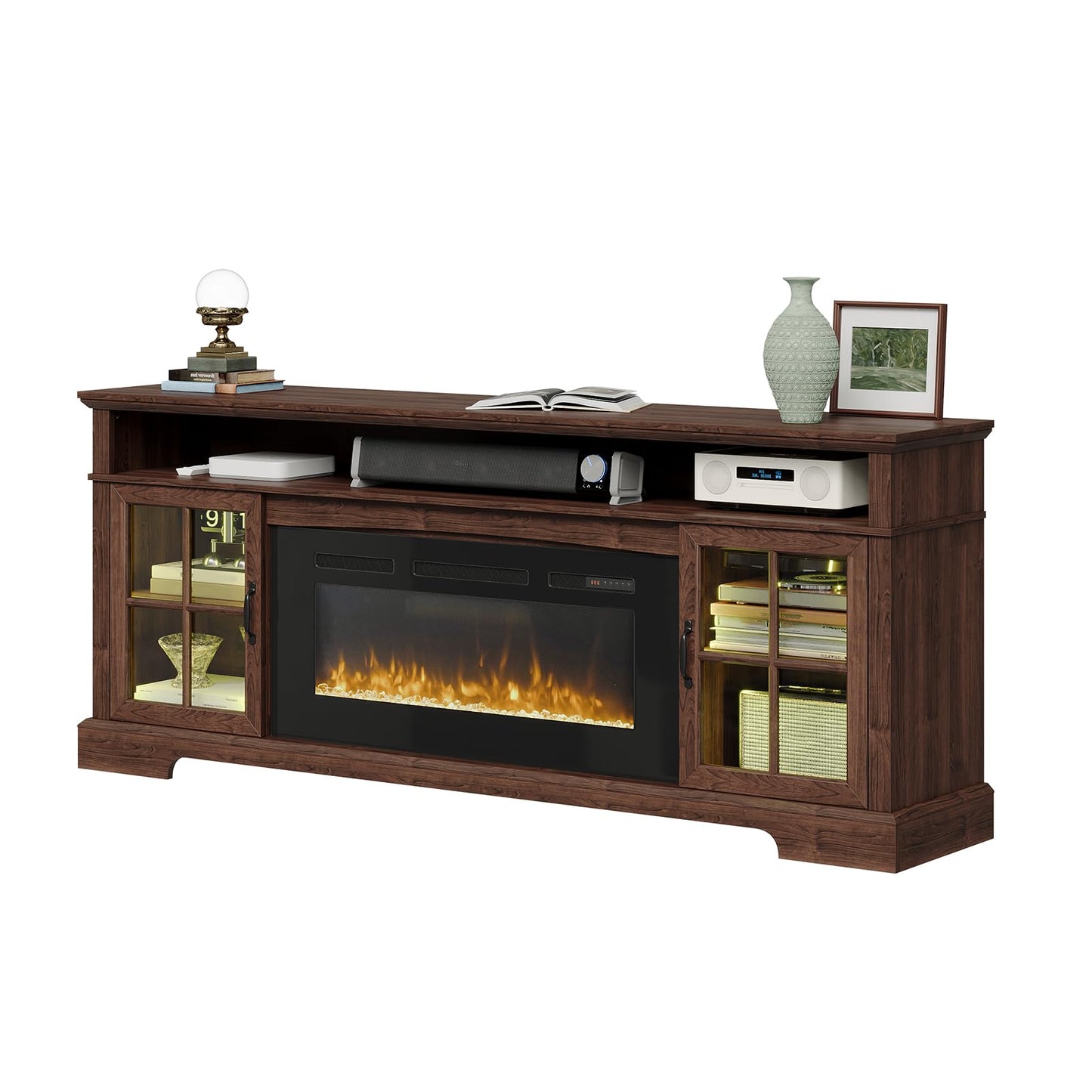 Nordivale 70" Fireplace TV Stand, Modern Entertainment Center for TVs Up to 80”, TV Console with Storage Cabinets, Media Console for Living Room, Brown TV Stand and Black Fireplace