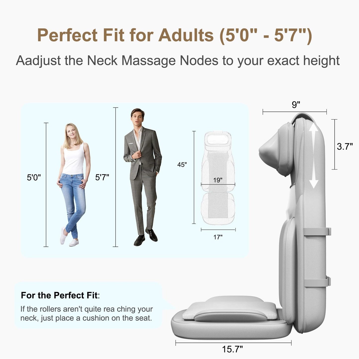 Rainwolf Shiatsu Neck and Back Massage Cushion with Heat - 4D Deep Tissue Kneading Full-Back Massager for Relief Stress, Adjustable Intensity & Height, for Office Chair & Home