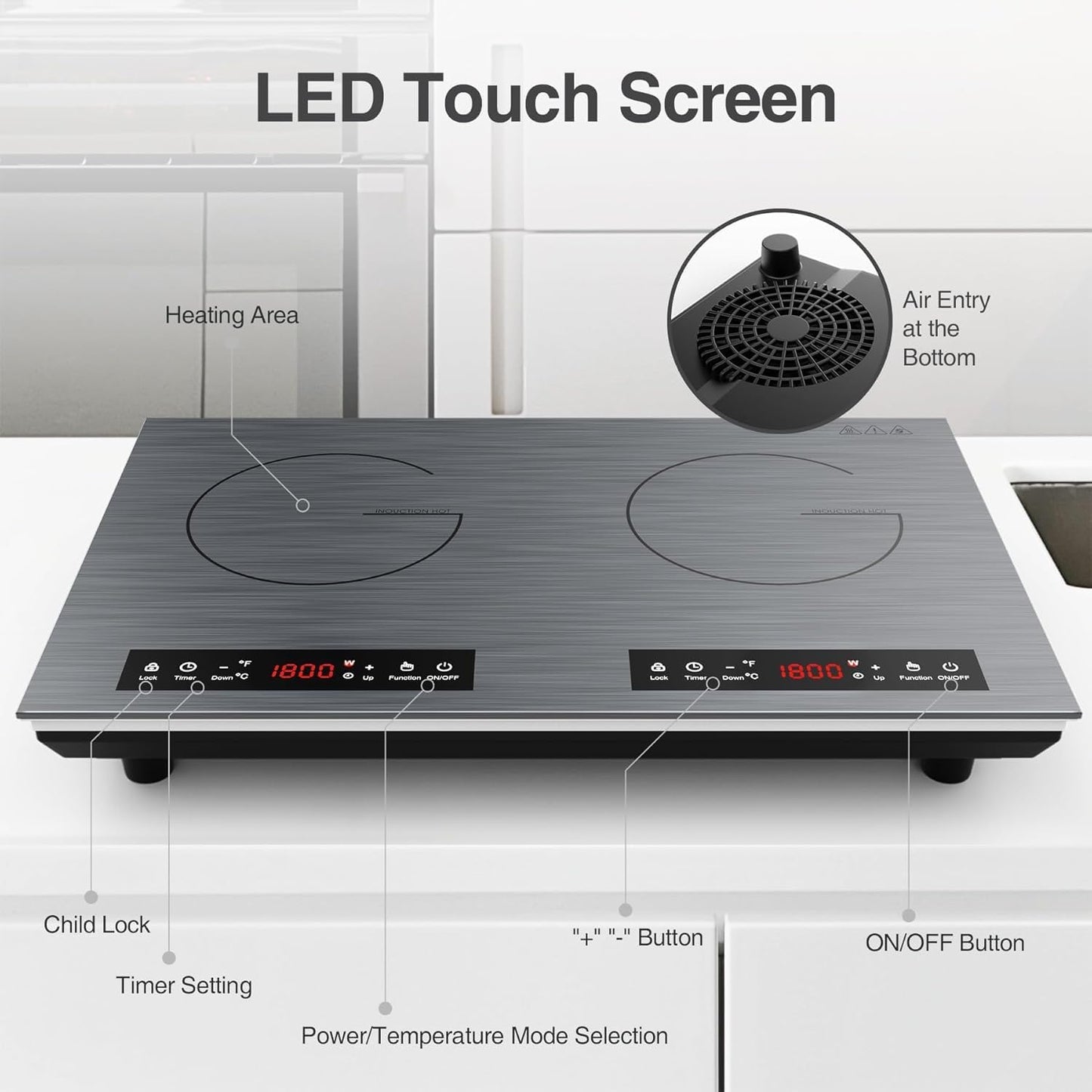 VBGK Double Induction Cooktop, 24 inch 4000W Electric cooktop with hot plate, induction stove top with LED Touch Screen 9 Levels Settings with Child Safety Lock & Timer 110V Induction cooktop 2 burner