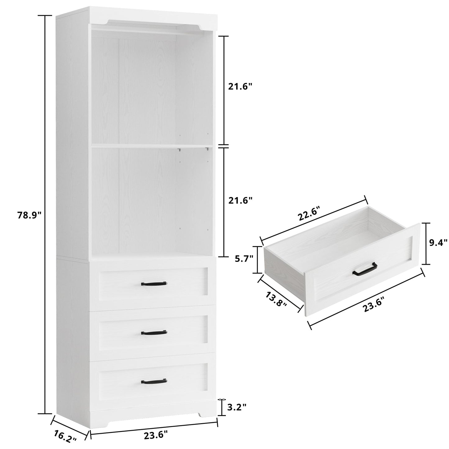 IRONCK Freestanding Closet System with 3 Wood Drawers, Modern Armoire Wardrobe with Adjustable Shelves & Hanging Rod, Walk-in Closet Systems Organizer for Small Closet, White