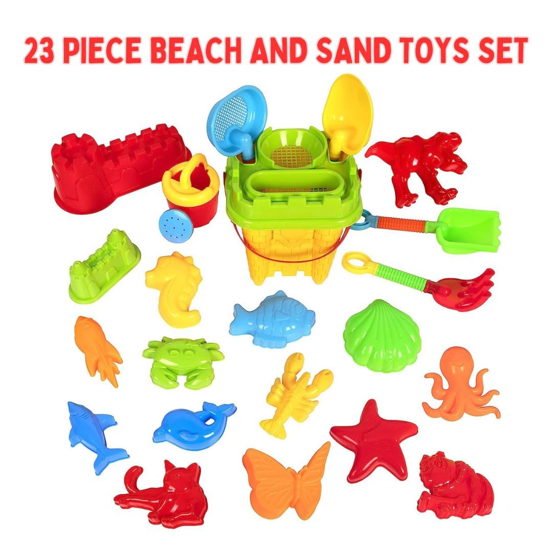 Kangaroo Beach Bucket Set for Kids - 23 Pcs Collapsible Sand Toys Set - Foldable Travel Pail and Shovel Set for Toddlers - Beach Essentials for Sand Castle Molds - Beach Toys for Kids Ages 4-8 & 8-12
