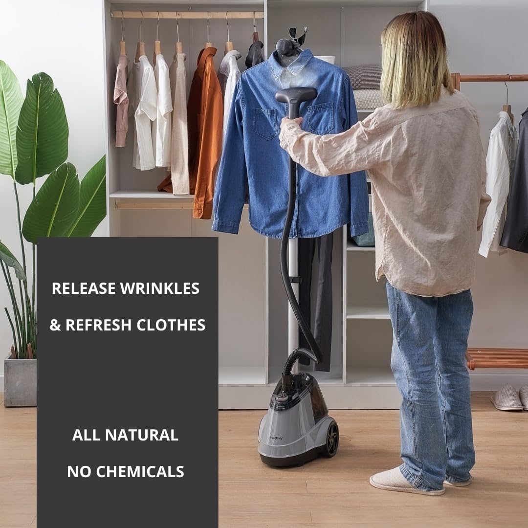 True & Tidy Heavy Duty Commercial Full Size Standing Garment Steamer for Clothes with Extra Large 3L (101 oz) Water Tank for 90+ mins of Steam Time, 1800 watts of Powerful Steam, 3 Settings, Gray