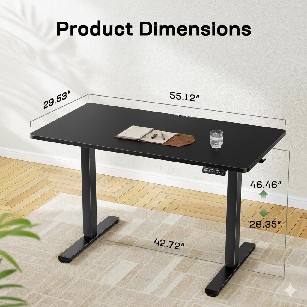 Marsail Electric Standing Desk with One-Piece Desktop – 55x30 Inch Height-Adjustable Office/Gaming Computer Desk, Deeper Tabletop, 4 Memory Presets, Home Office Use, 2 Packages