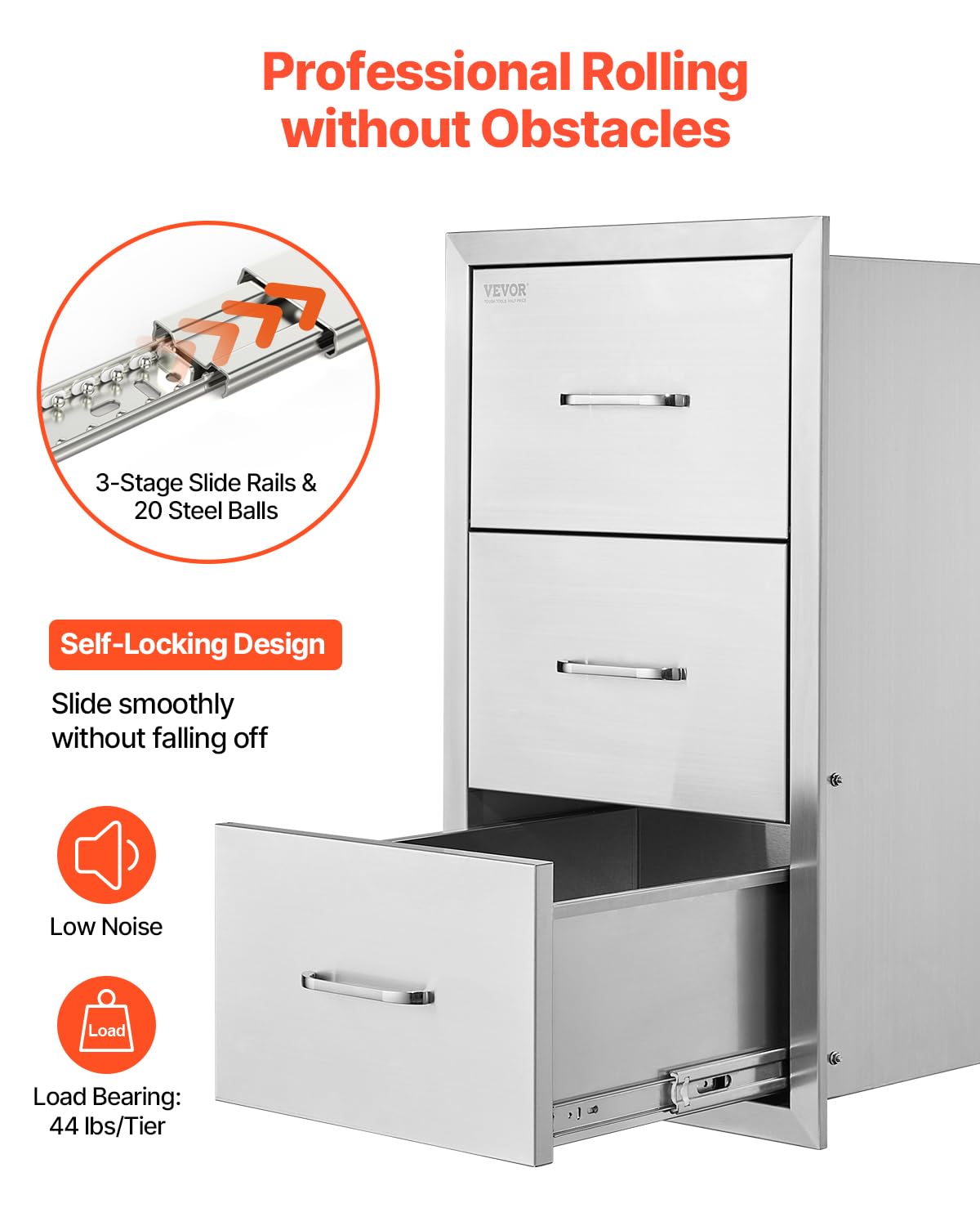 VEVOR Outdoor Kitchen Drawers, 18.5" W x 22.5" H x 22.5" D Triple Access Drawers, Stainless Steel Flush Mount Cabinets, BBQ Island Storage with Handle, for Outdoor Kitchens or Patio Grill Station