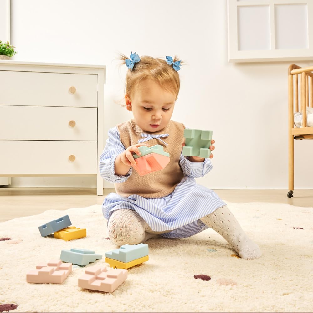 Miniland Baby Toys, Silicone Sensory Toys, Blocks for Babies with Cute Textures and Reliefs, Montessori Toys for 1 Year Old, Building Blocks +6 Months | Soft Towering Blocks