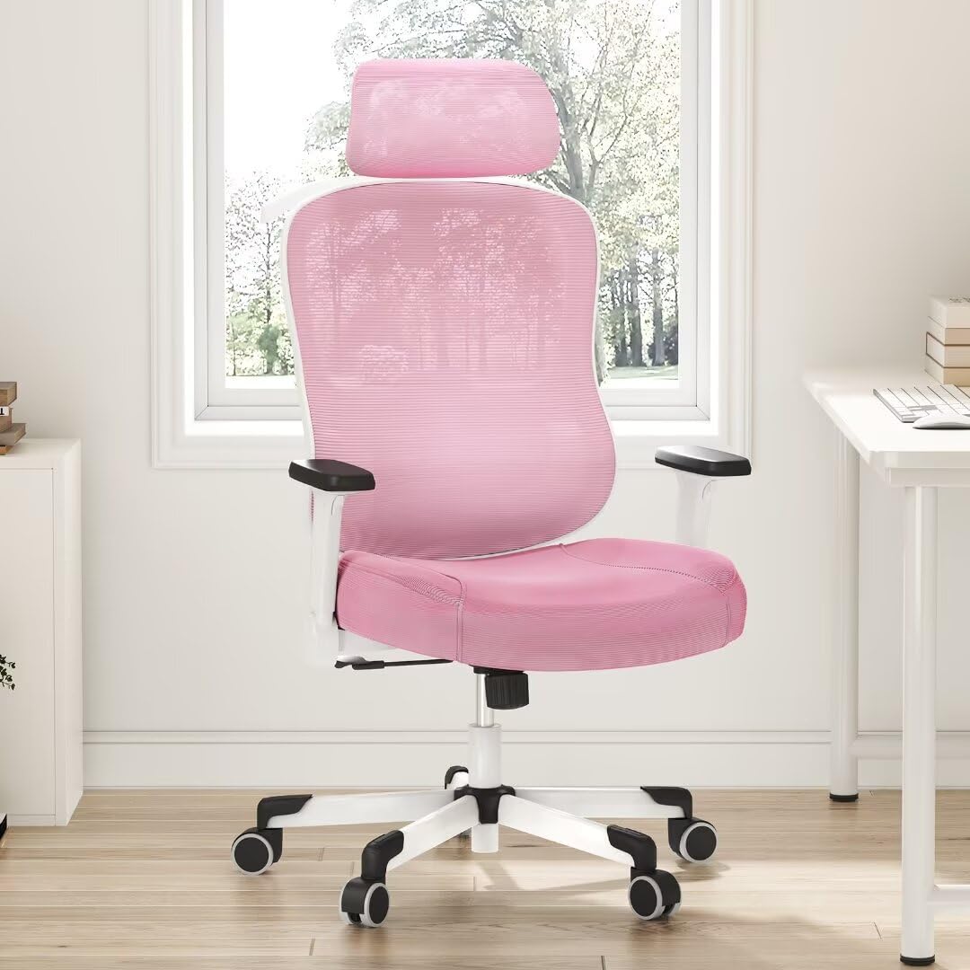 Ergonomic Office Chair Big Tall Reclining Gaming Chair Adjustable Lumbar Support 6D Armrest 6D Headrest Breathable Mesh Swivel Computer Chairs Home Task Desk Chair Wheels Coat Hanger Tilt Lock Pink