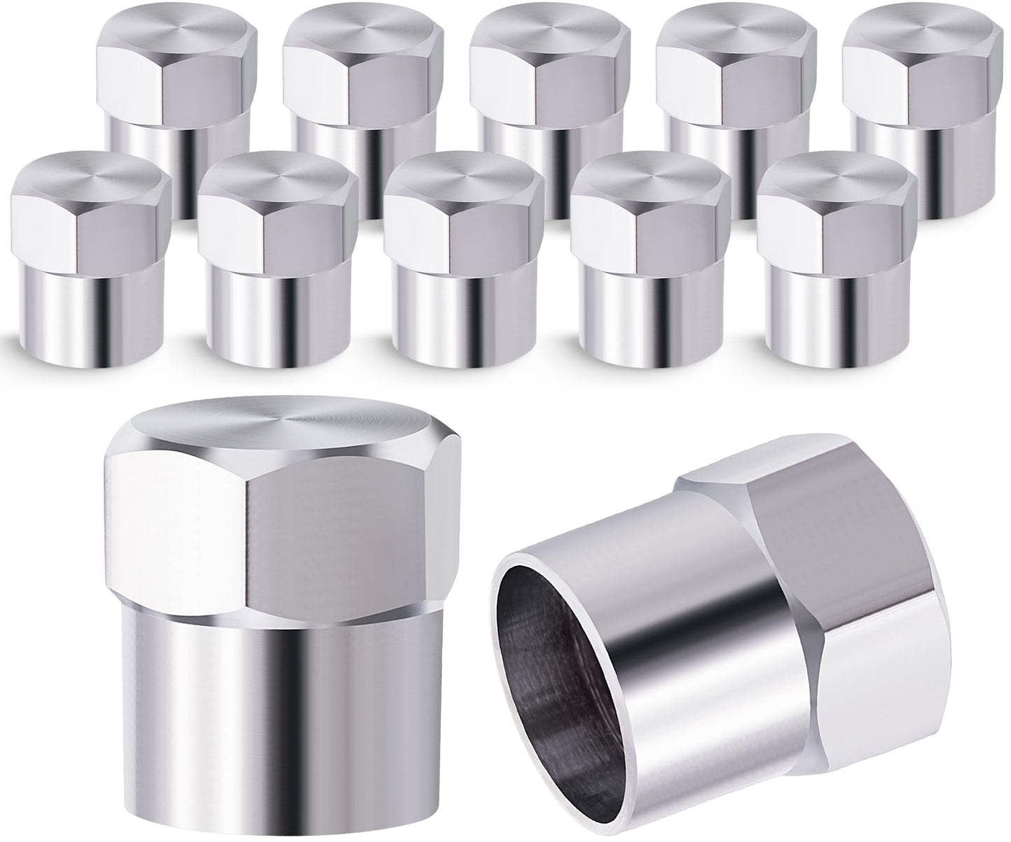 MEAJOO 12PCS Metal Brass Tire Valve Stem Caps, Airtight Seal Heavy Duty Dustproof, Universal Tire Valve Stem Covers for Cars, SUV, Trucks, Bikes, Motorcycles, Bicycles(Silver)