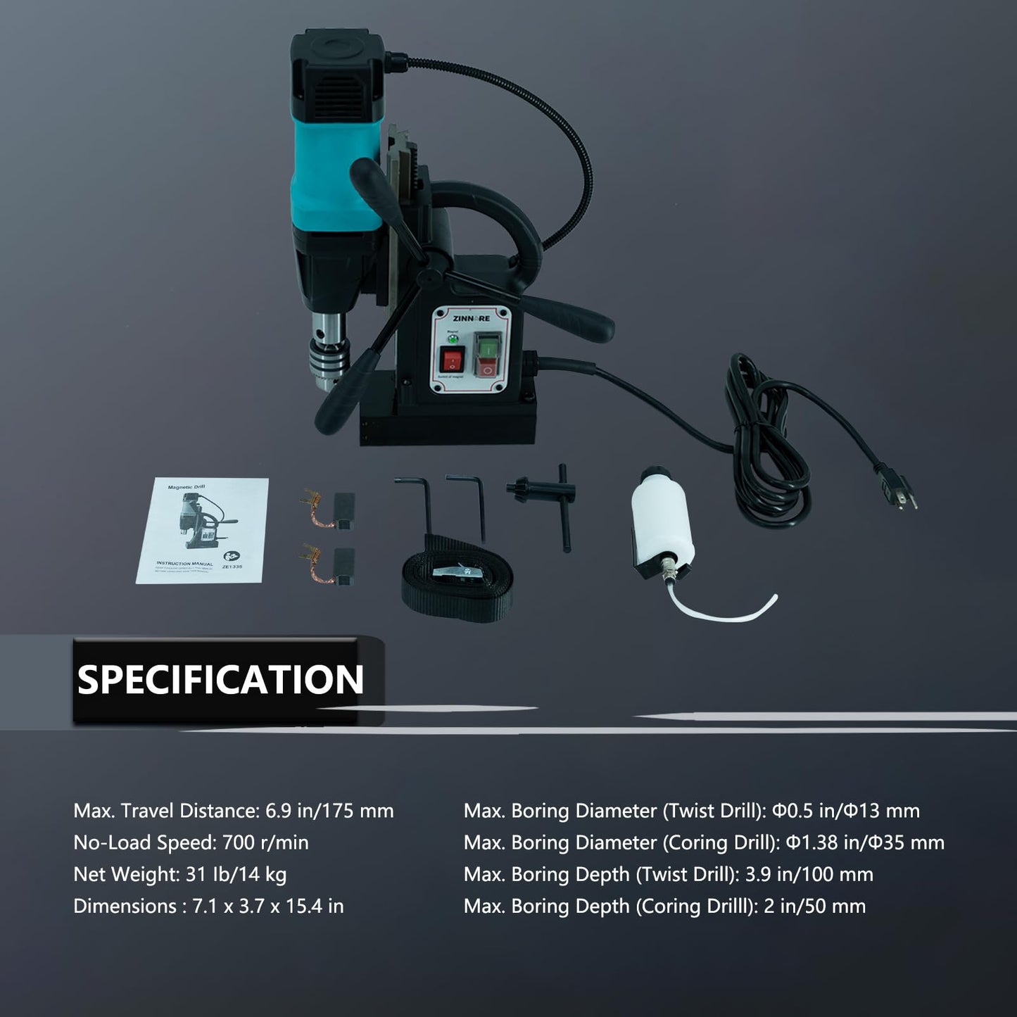 ZINNORE Mag Drill Press, Portable Magnetic Drill Press, 2360lbf/10500N Magnetic Drill, 700 rpm Speed Drilling Machine