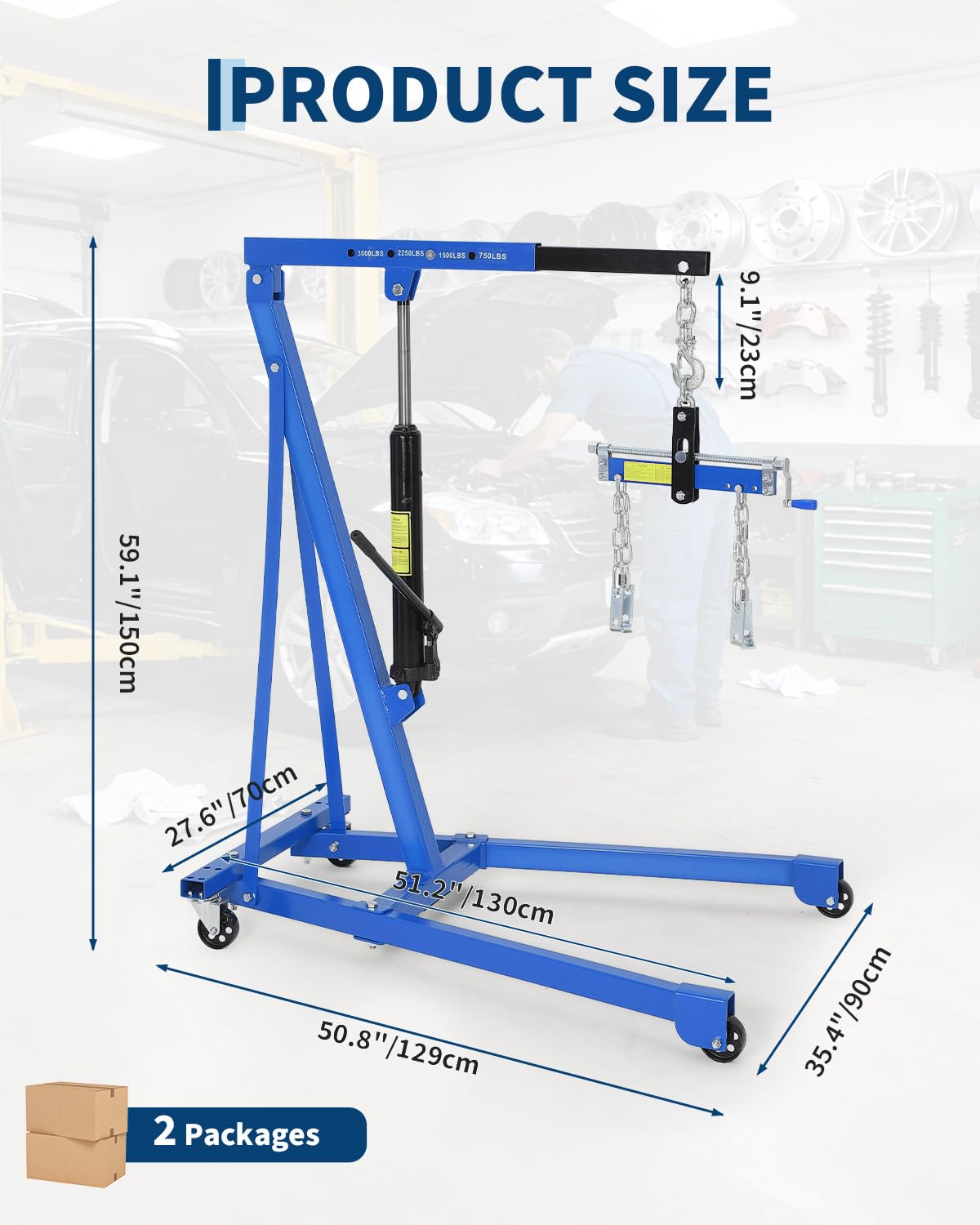 3000 LBS Portable Hydraulic Engine Hoist, 1.5-Ton Telescoping Boom Shop Crane with 4 Heavy-Duty Casters, Garage & Warehouse Cherry Picker for Automotive, Machinery, and Equipment Lifting, Blue