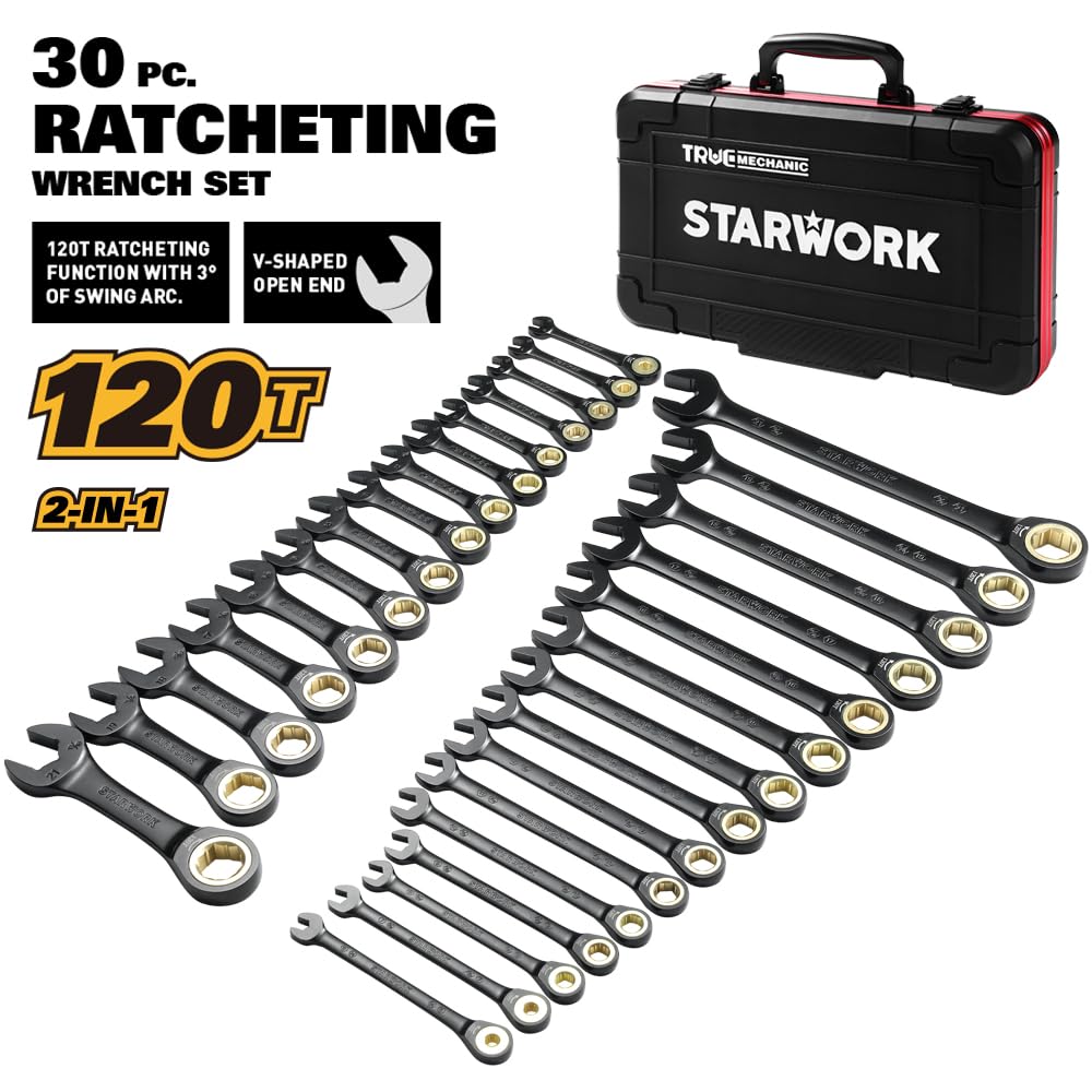 STARWORK TRUE MECHANIC™ 30-Piece 2-IN-1 Ratcheting Wrench Set, 120-Tooth, SAE&Metric, Gift Series with Black case, Professional