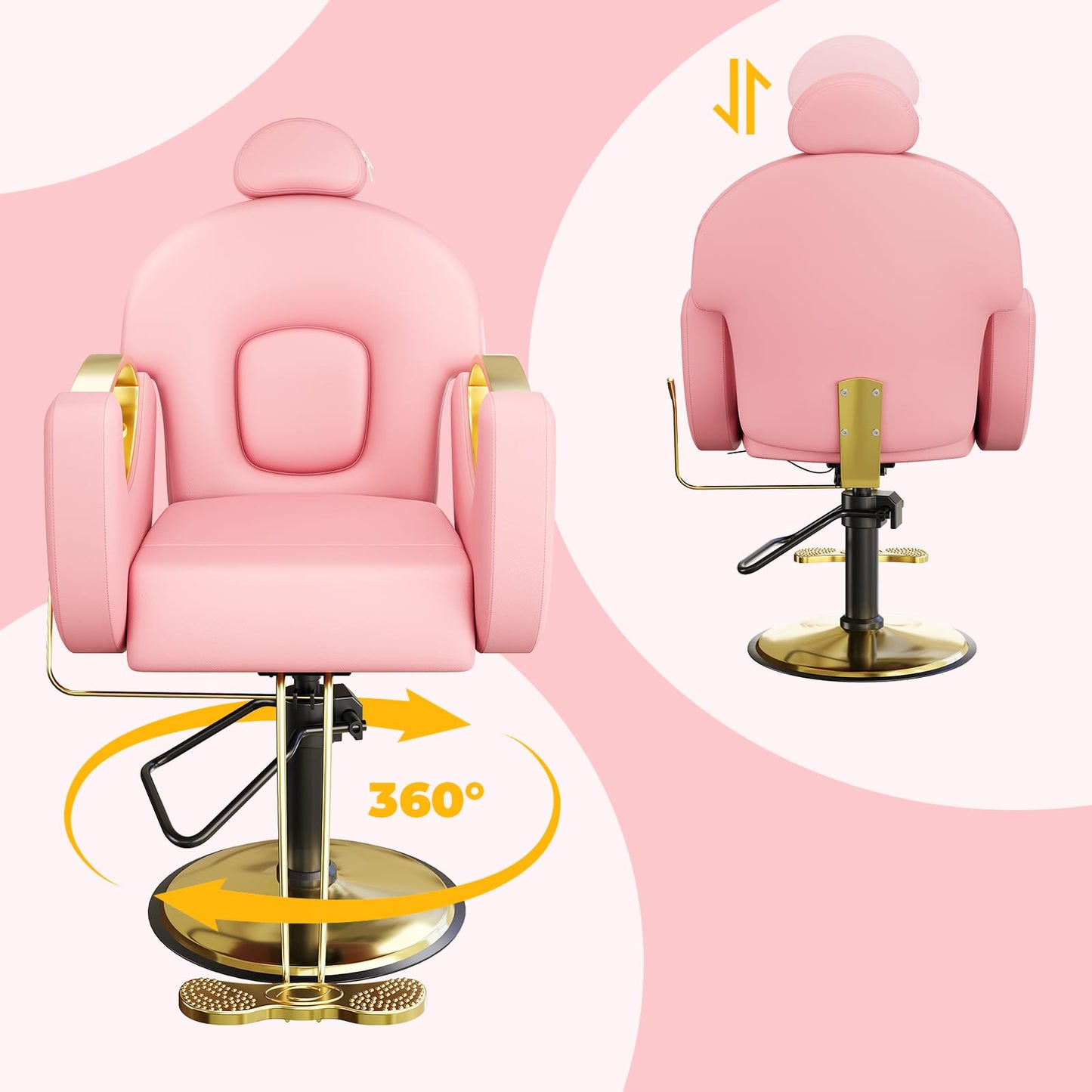 BouPower Barber Salon Chair, Height Adjustable Hydraulic Hair Reclining Salon Chairs, 360 Degrees Rotation, Multi-Function for Barbershop, Spa, Pink