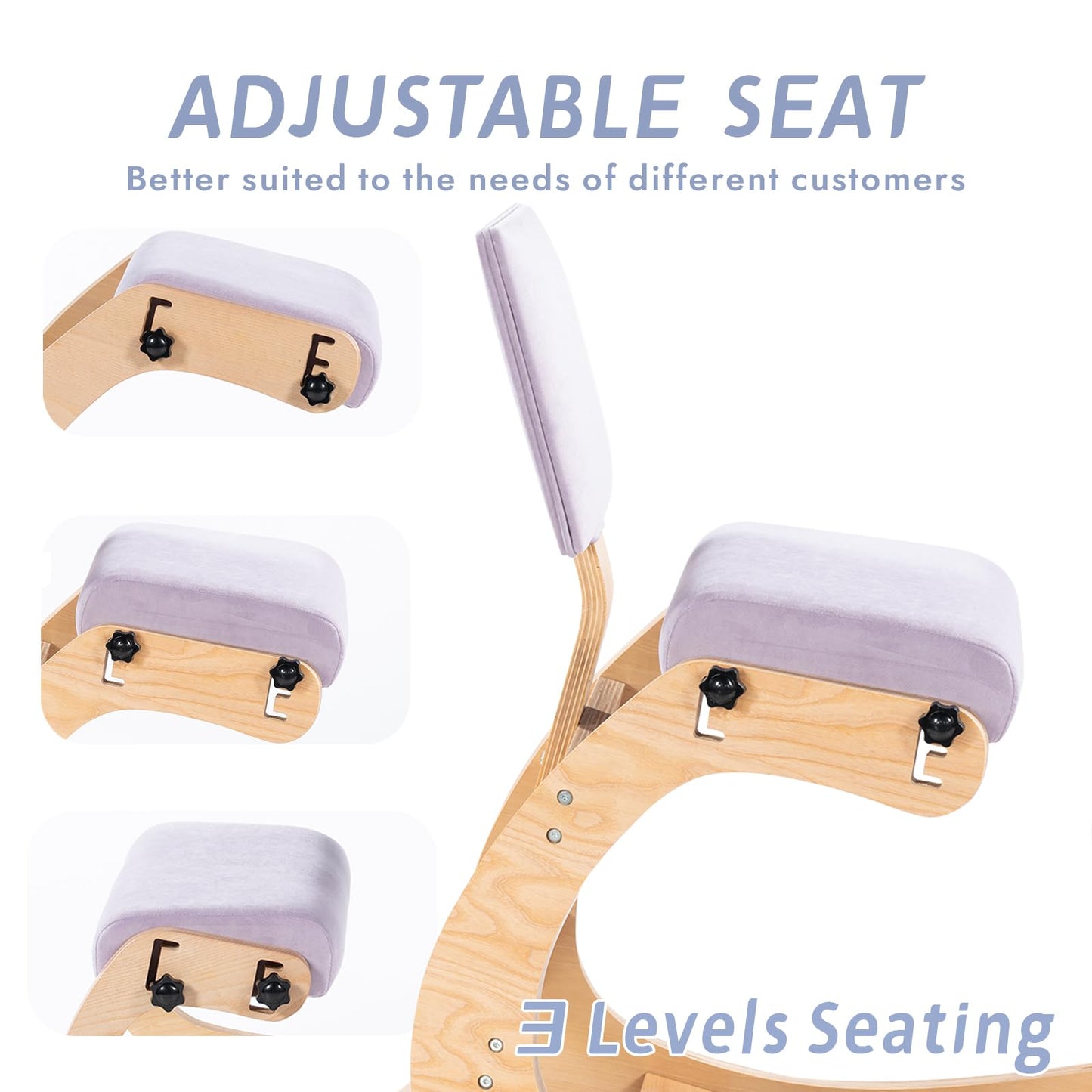 VDNEND Ergonomic Kneeling Chair with Back Support,Wooden Kneeling Chair Desk for Work, Rocking Office Kneel Chairs for Relieve Back Pain, Kneeling Posture Chairs for Gaming,Home (Light Purple)