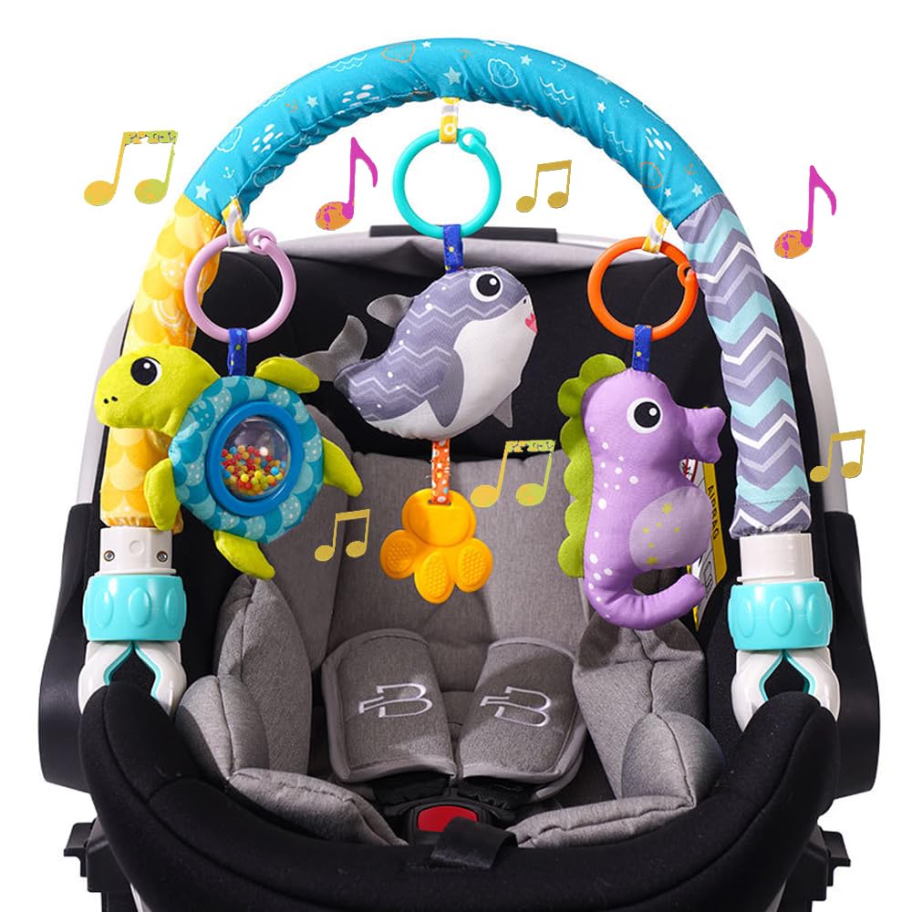 BATOHO Baby Stroller Arch Toy, Clip On Arch Mobile for Bassinet with Universal Clamps, Activity Toy Bar for Bouncer Musical Crib Mobile Toys for Infants Car Seat Toys Rattle Turtle Music Whale
