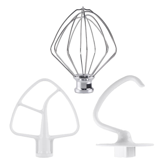 3-Piece Kit Attachments for KitchenAid Tilt-Head Stand Mixer, Accessories Stainless Steel K45WW Wire Whip, K45DH Dough Hook and K45B Coated Flat Blade Paddle with Scraper