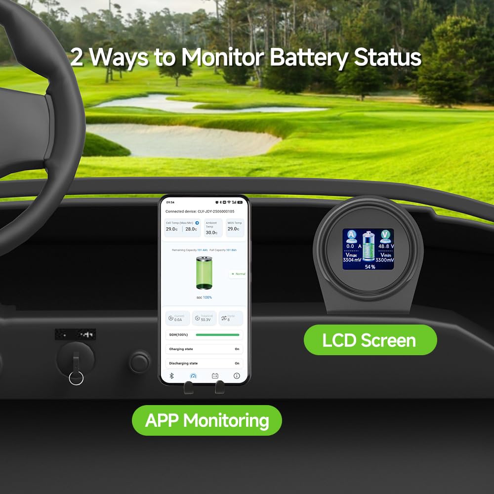 Mosasaur 48V 100Ah LiFePO4 Golf Cart Battery, 10.24kW Peak Power & 4000+ Cycles, Built-in 200A BMS | with 48V 20A Lithium Battery Charger, LCD Screen & APP Monitoring | for Golf Carts, RV, Marine