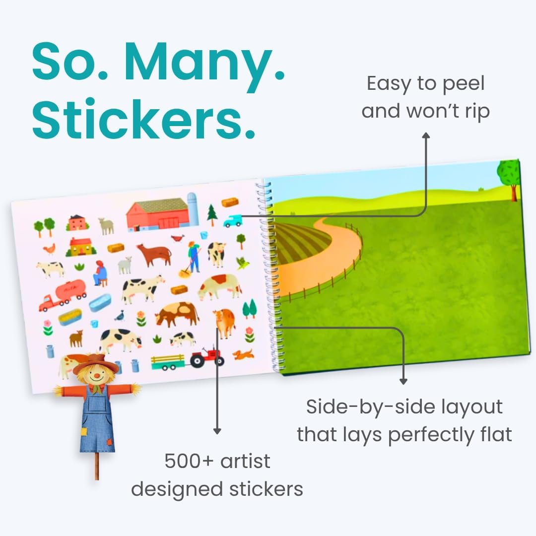 Farm Animal 500+ Kids Sticker Book by Cupkin Toddler Airplane Travel Activity Coloring and Sticker Book, Road Trip Essentials, 12 Coloring Pages 12 Scenes for Ages 2–8 Years