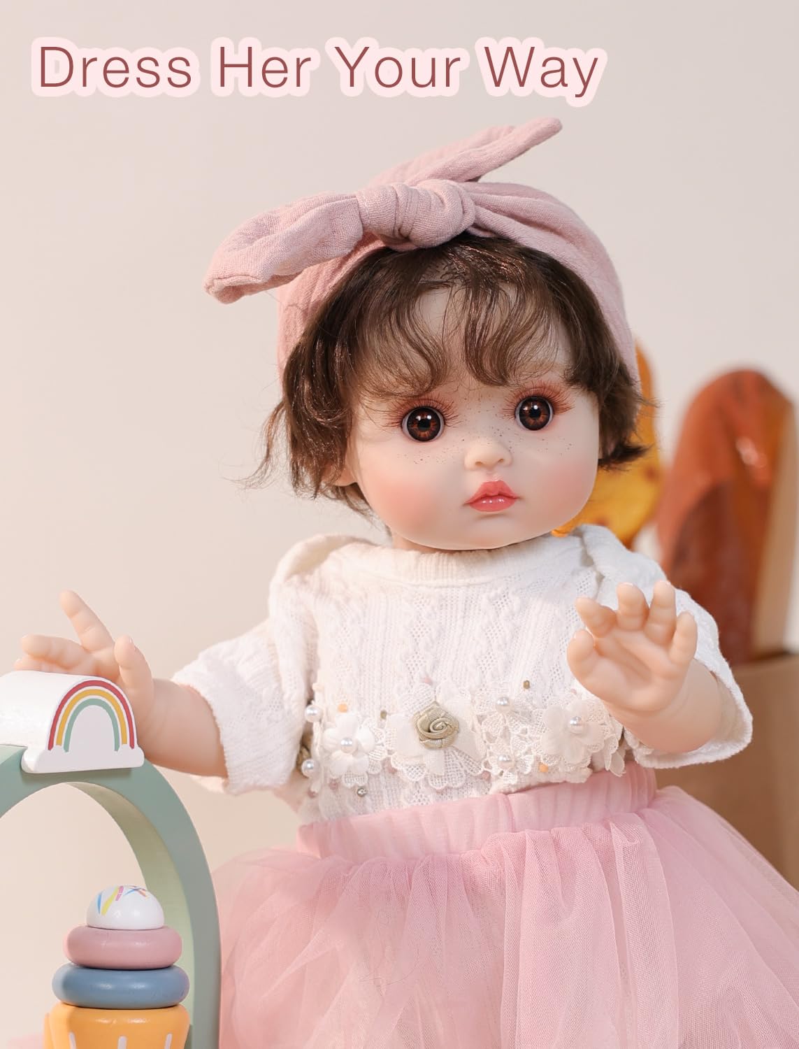 Cloveray Baby Dolls, 18 Inch Realistic Reborn Full Vinyl Baby Doll with Brown Curly Hair, Hand-Painted Freckles & Cozy Red Outfit for Girls Ages 3+, Pretend Play, Display & Collection