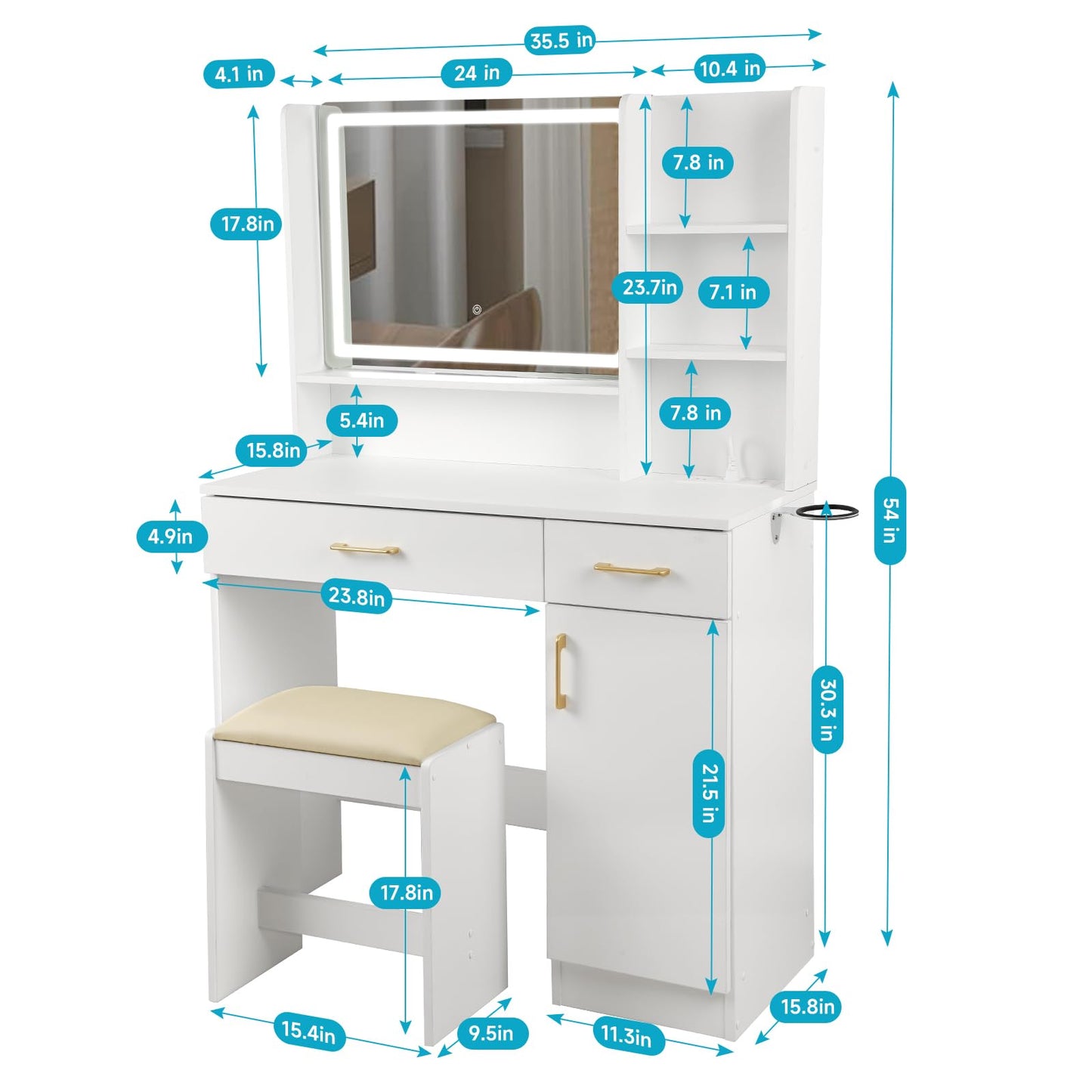 QUALIKRAFT Widescreen Vanity Set with LED Mirror & Stool, Makeup Desk with Built-in Power Outlet, 2 Drawers & 6 Shelves, Wide Lighted Dressing Table