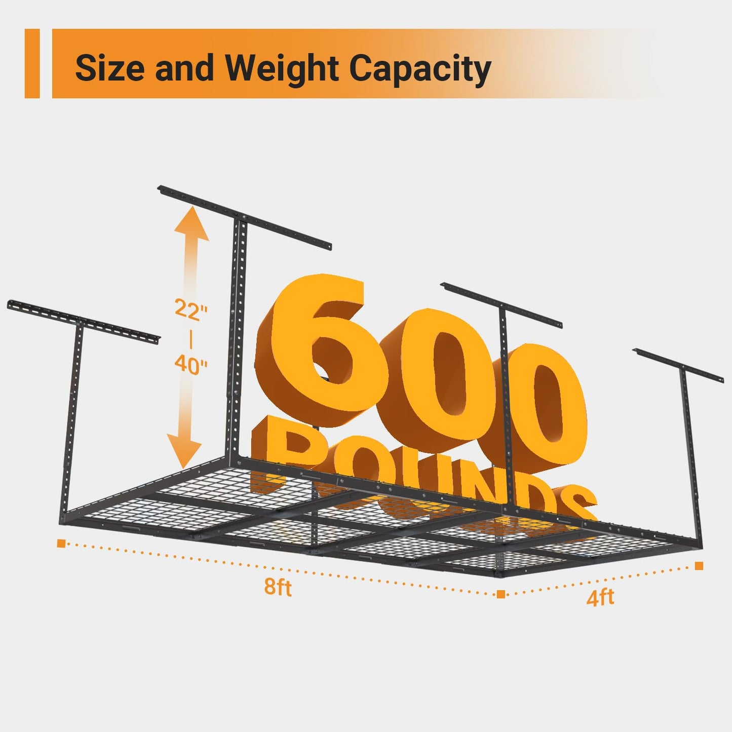 eShelf 4ftx8ft Overhead Garage Storage Rack, Heavy-Duty Metal Garage Ceiling Storage Rack, 22''-40" Adjustable Ceiling Drop-Down, 600 lb. Loading Weight Capacity, Black