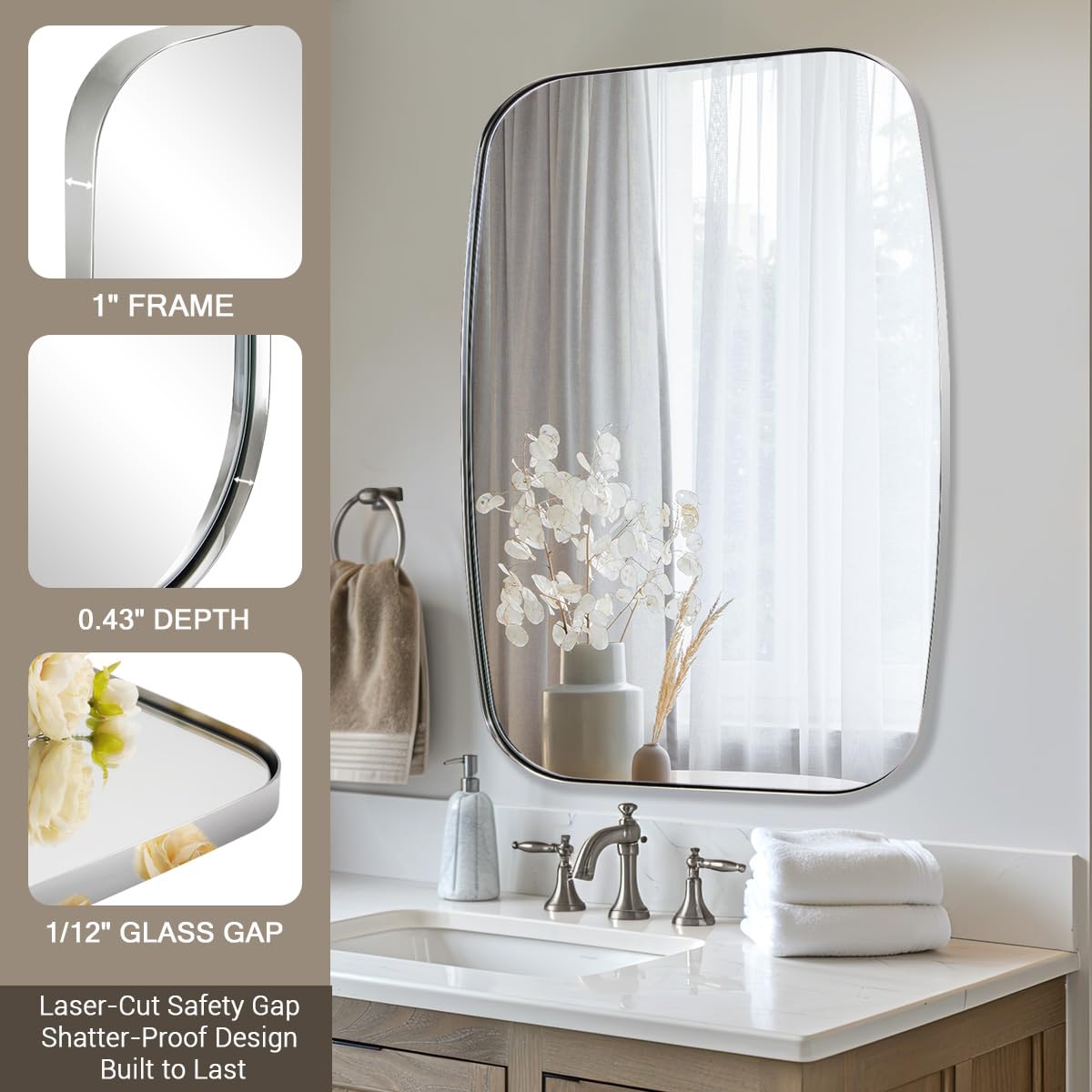 ANDY STAR Chrome Oblong Mirror, 32x40 Inch Polished Chrome Oval Mirror for Bathroom with Stainless Steel Metal Frame, Wall Mouned for Bathroom, Living Room, Entryway