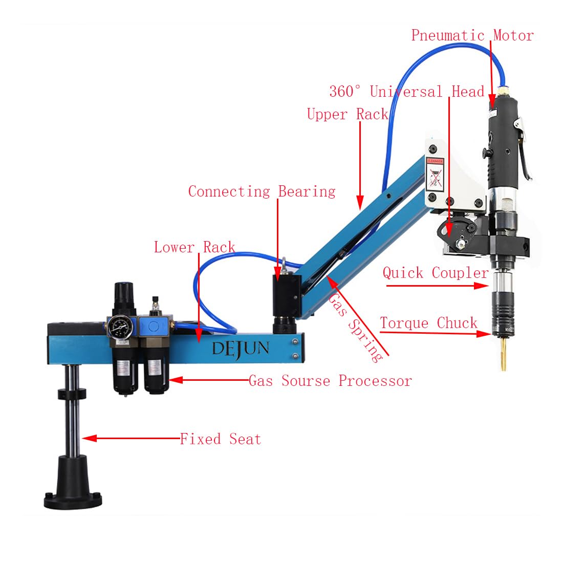 DEJUN Pneumatic Tapping Machine, 360° Multi-directions Pneumatic Air Tapper Universal Flexible Arm Drilling Threading Machine M3-M12 Tap Collets with Taps