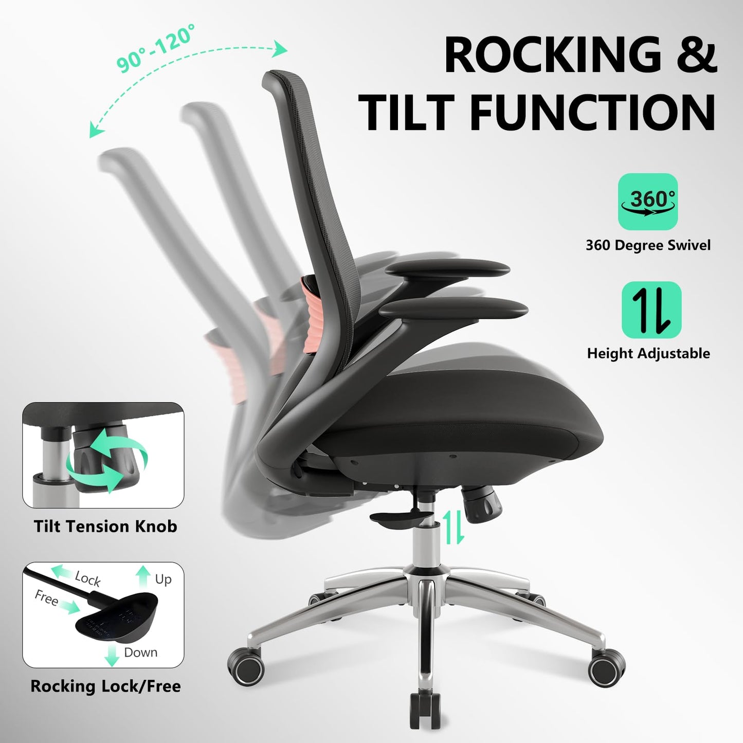 BERYTH Ergonomic Office Chair, High-Back Mesh Executive Chair with Lumbar Support & 360° Adjustable Arms, Reclining Desk Chair with Tilt Lock for Home Office, Gaming, and Work, 300lb Capacity (Black)
