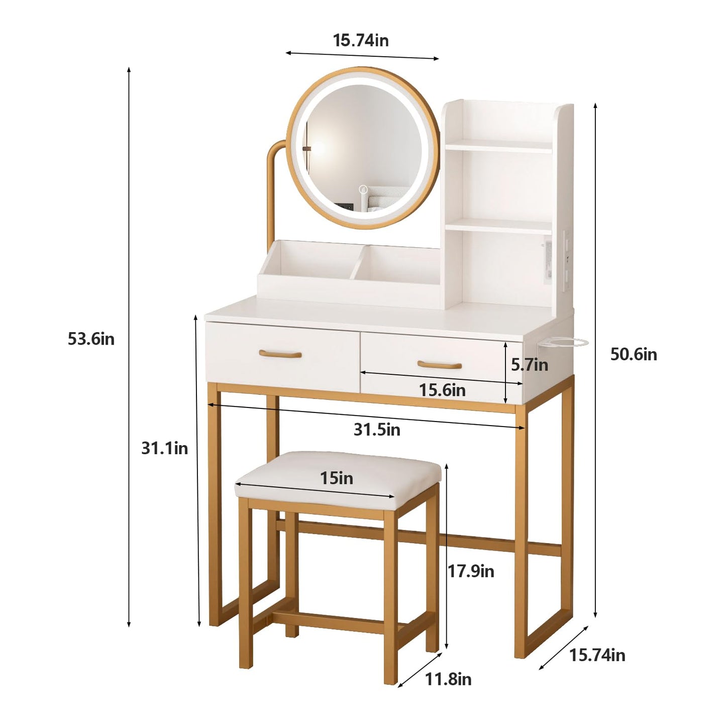 Vabches Makeup Vanity with Round Mirror and Lights, White Vanity Makeup Table with Charging Station, Small Vanity Table for Bedroom, 3 Lighting Modes, 31.5in(L)