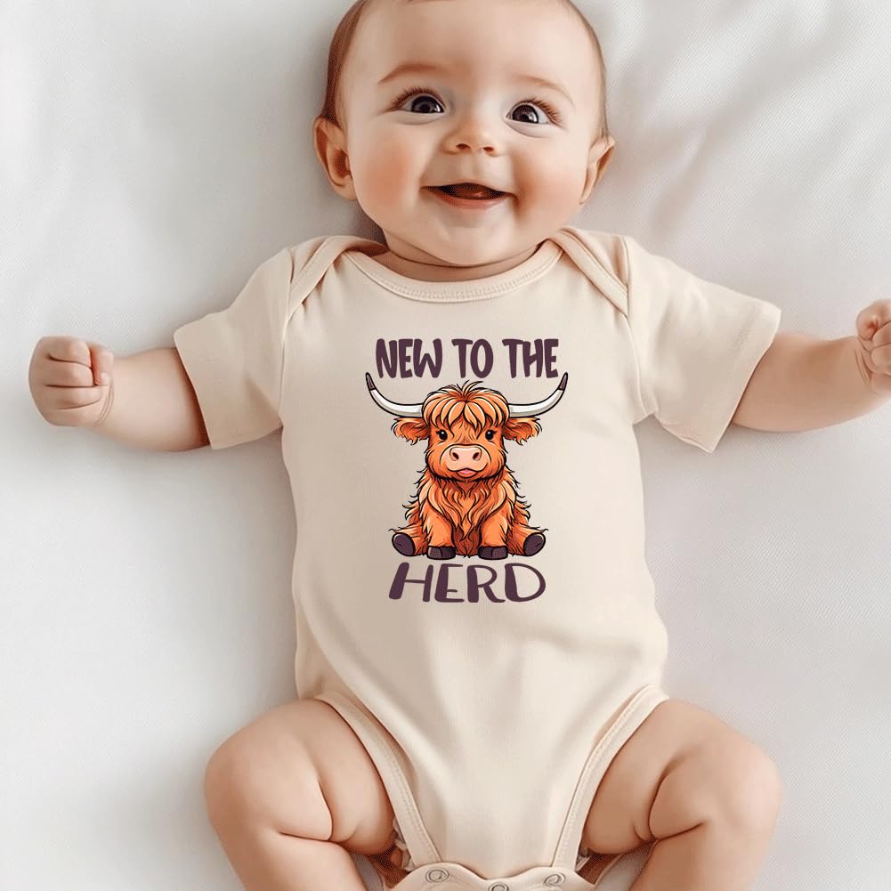 hrcfbk Western Baby Boy Girl Clothes Summer Newborn New to the Herd Cowgirl Short Sleeve Romper Infant Highland Cow Bodysuit (Beige New to the Herd,0-3 Months)