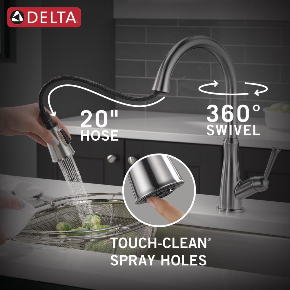 Delta Westville Brushed Nickel Kitchen Faucet with Pull Down Sprayer, Contemporary Single Hole Kitchen Sink Faucet, Single Handle, Arctic Stainless 9110-AR-DST