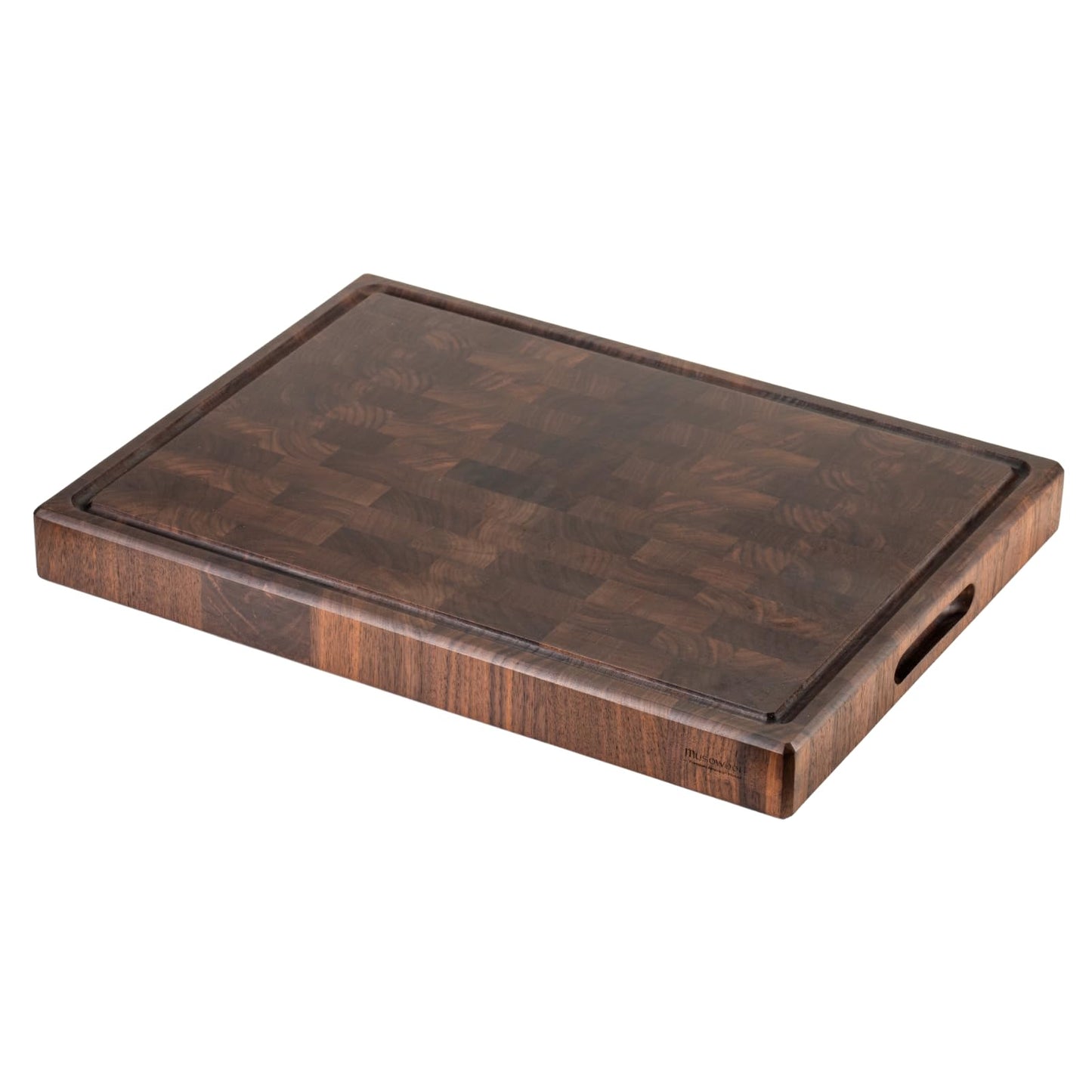 muso wood End Grain Cutting Board, Black Walnut Wood, 2" Thick Dual-Sided Wooden Chopping Board with Juice Groove & Handle - Idea for meat cutting, vegetable dicing, and fruit processing, 20 x 15 inch