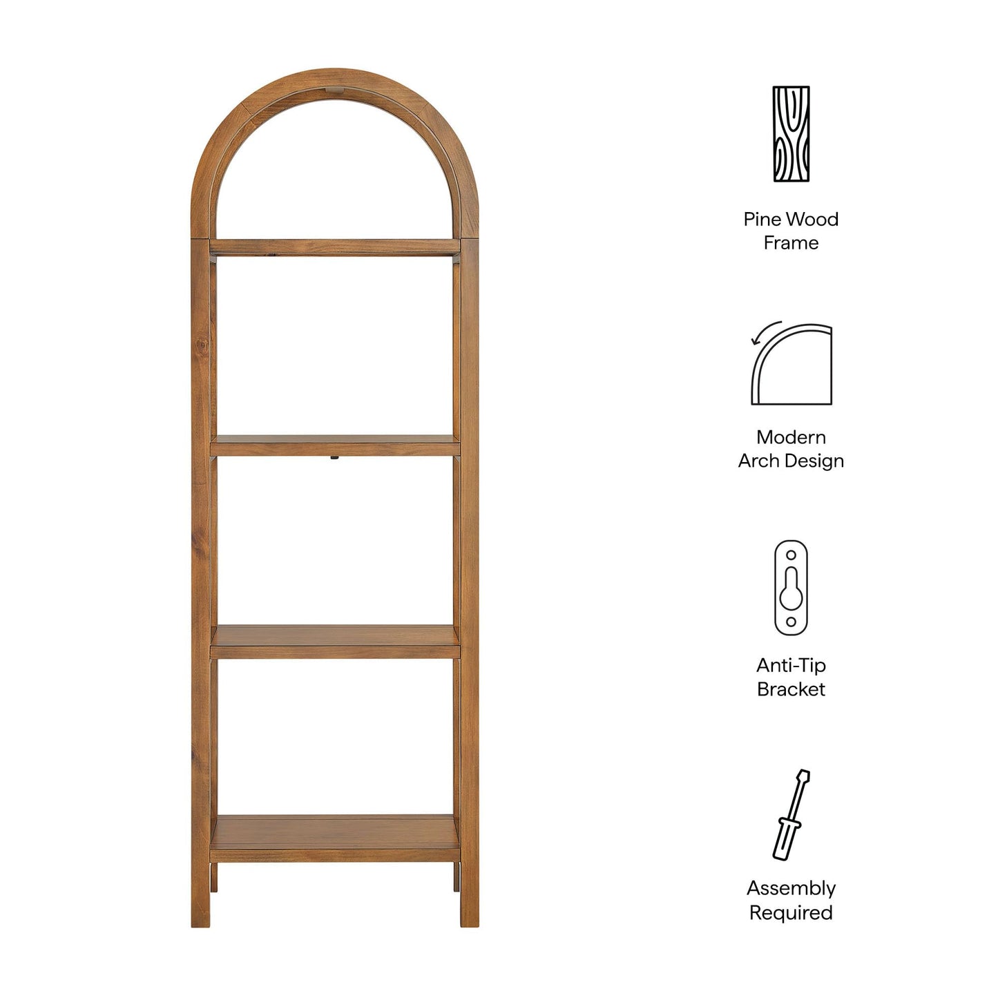Modway Vexley 72 Inch Tall Narrow Arched Bookshelf in Walnut – Modern Pine and Acacia Wood Open Display Bookcase for Living Room, Office, Reading Nook