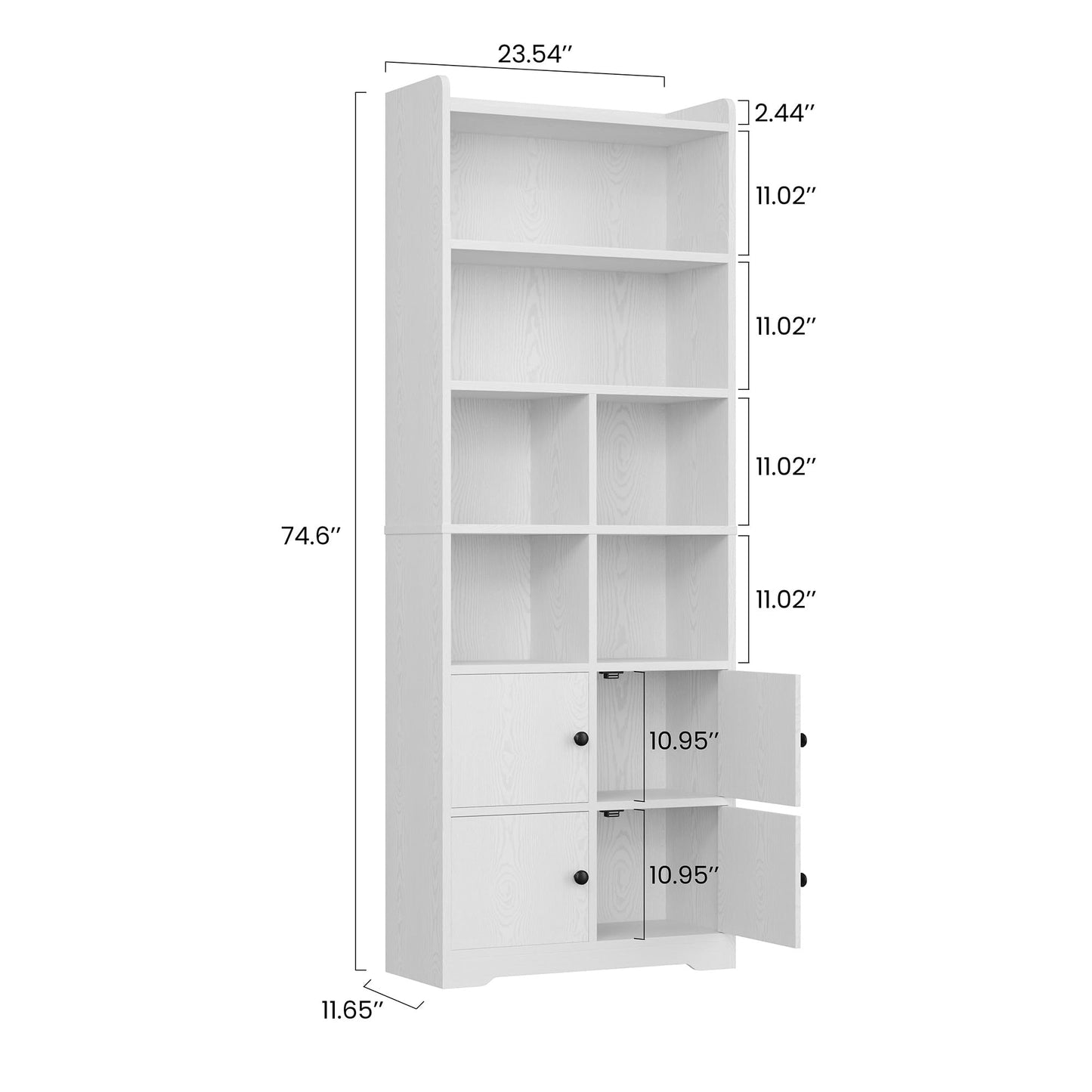 IRONCK Bookshelf with Doors, Book Shelf with Storage Shelves, 74.6 in Tall Bookcase for Home Office, Living Room, Bedroom, White