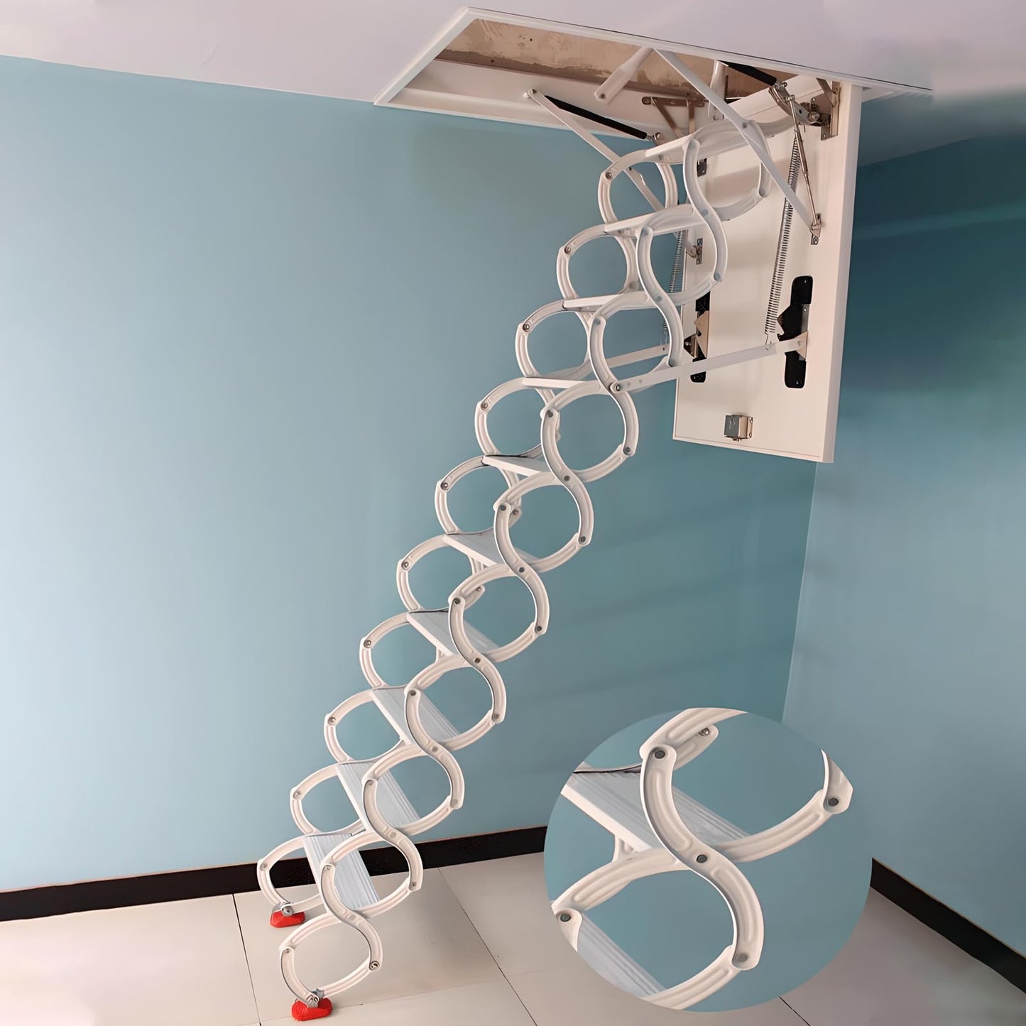 12 Steps Ceiling Mounted Attic Ladder, Retractable Pull Down System Attic Stairs, Telescopic Loft Stairs with Pull Rod, Ceiling Folding Loft Ladder with Handrail for Basement (White, Steps 12)