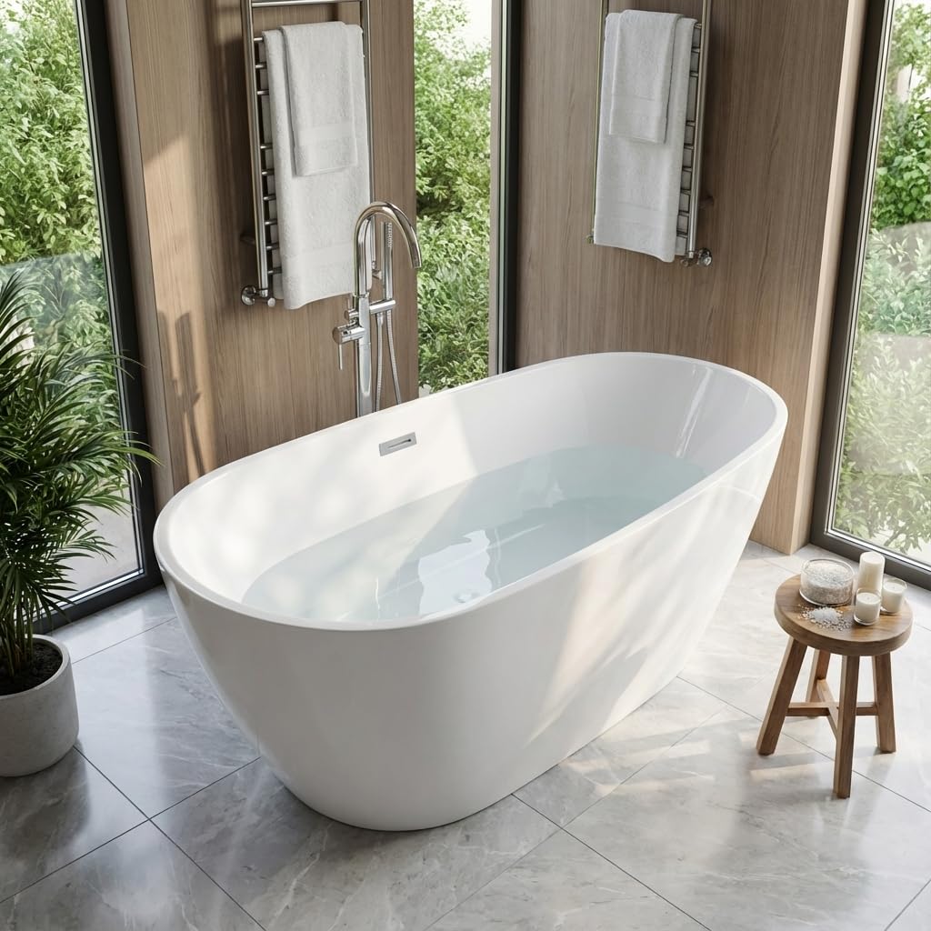 67"Freestanding Bathtub, Acrylic Deep Soaking Tub, Non-Slip Acrylic Tub with Chrome Overflow and Drain, CUPC Certified, Ergonomic Modern Bath for Bathrooms, Easy-Install