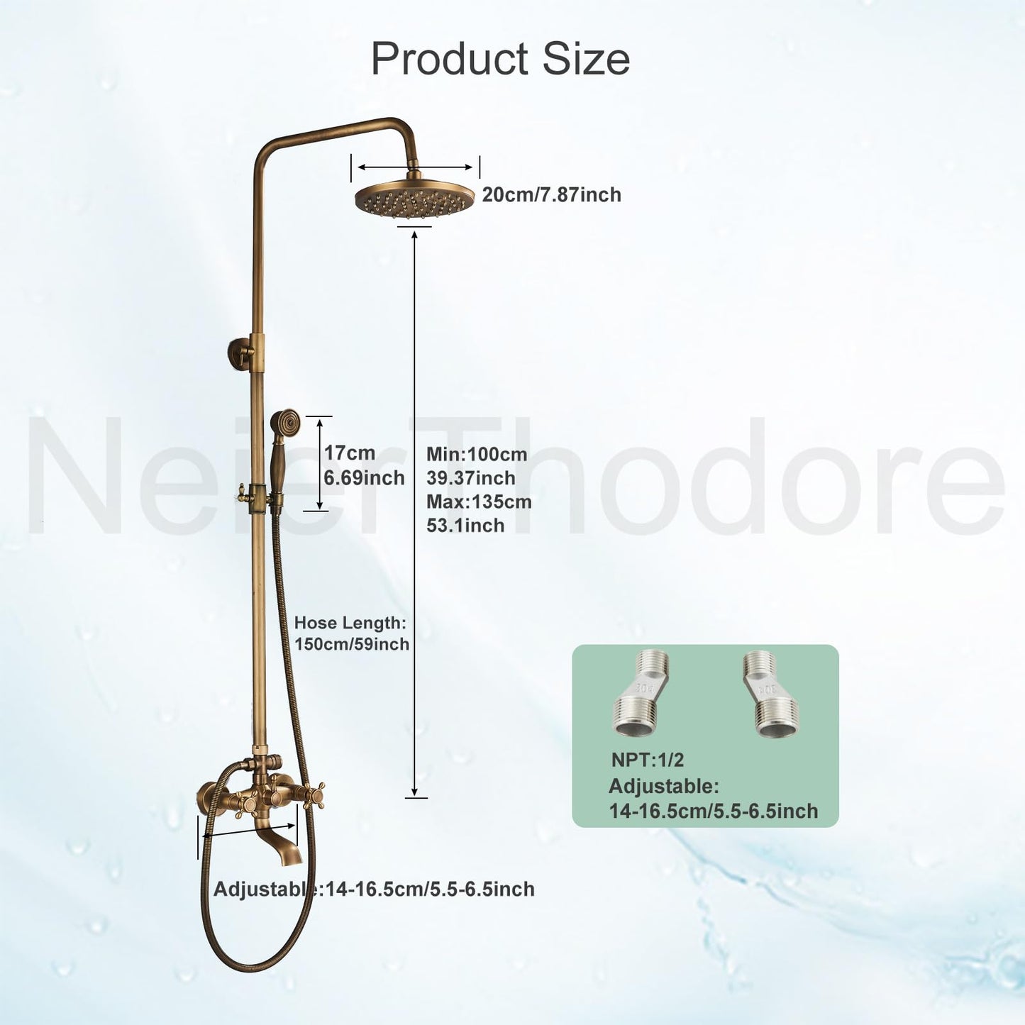 NeierThodore Antique Brass 8-Inch Bathroom Shower Faucet System Rainfall Shower Head Wall-Mounted Dual Cross Handle Bathtub Shower Mixer Tap with Hand Sprayer