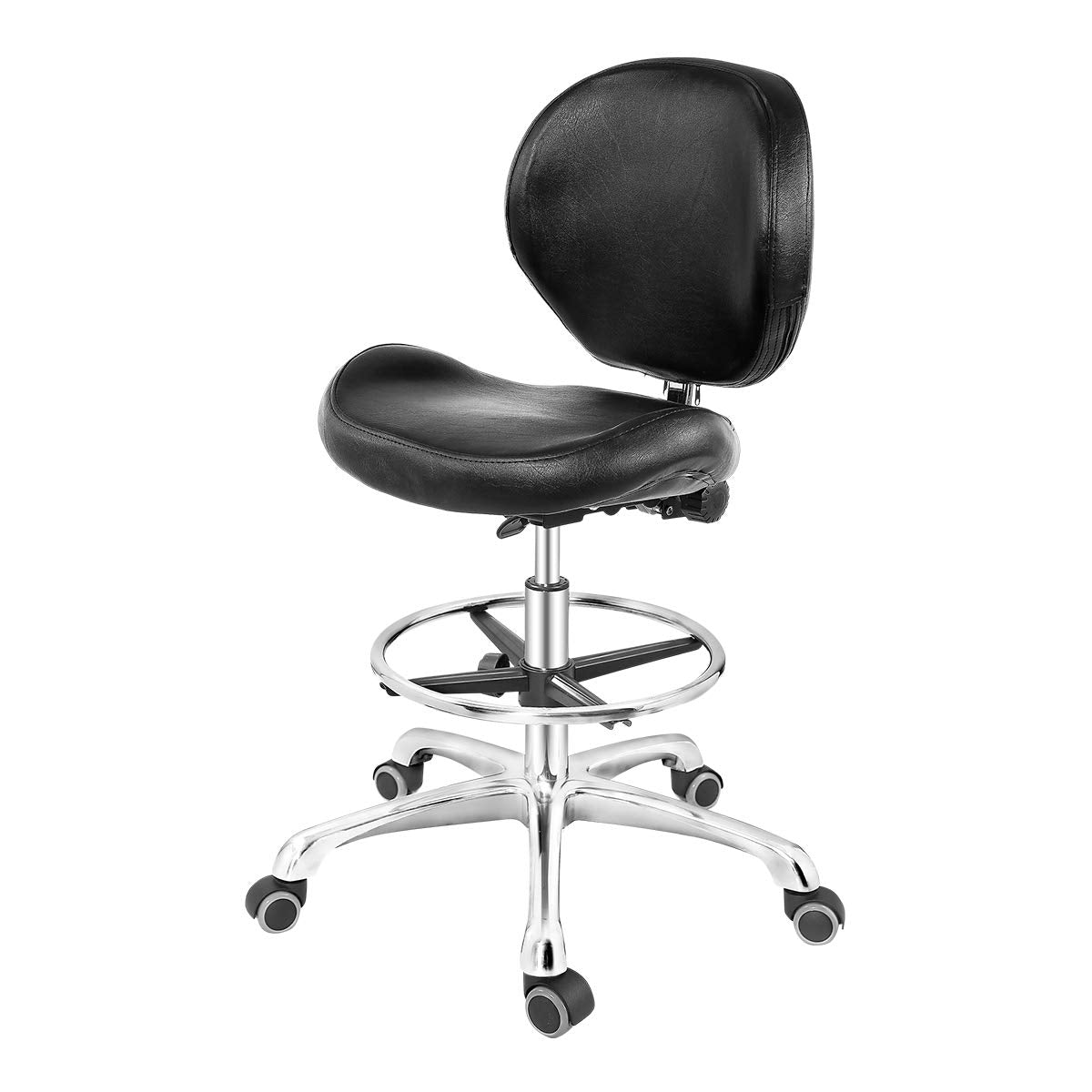 Grace&Grace Drafting Chair Adjustable Tall Shop Stool, Rolling Chair with Backrest and Footrest for Computer, Studio, Workshop, Classroom, Lab, Counter, Home Office (Black)
