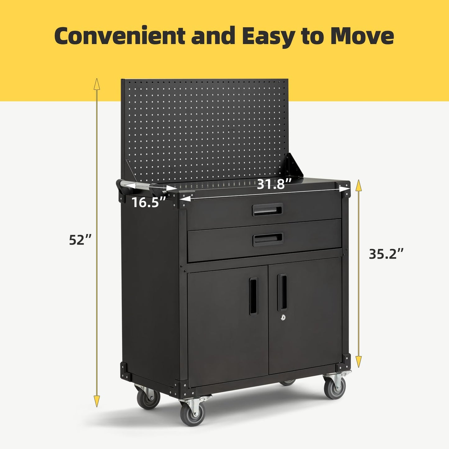 JFHID 52'' Work Bench for Garage with Pegboard Drawers and Cabinets Heavy Duty Metal Frame Tool Bench for Shop Kitchen Cabinets Organizer Work Table with Wheels