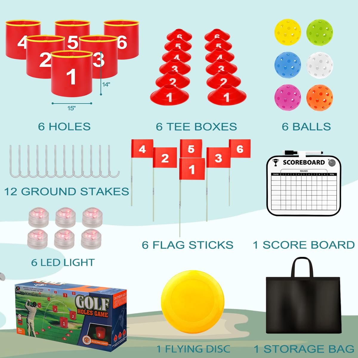 Golf Yard Bucket Games, 6 Holes Golf Practice Game with Flag, Indoor Outdoor Golf Chipping Game for Park, Beach, Backyard, Lawn