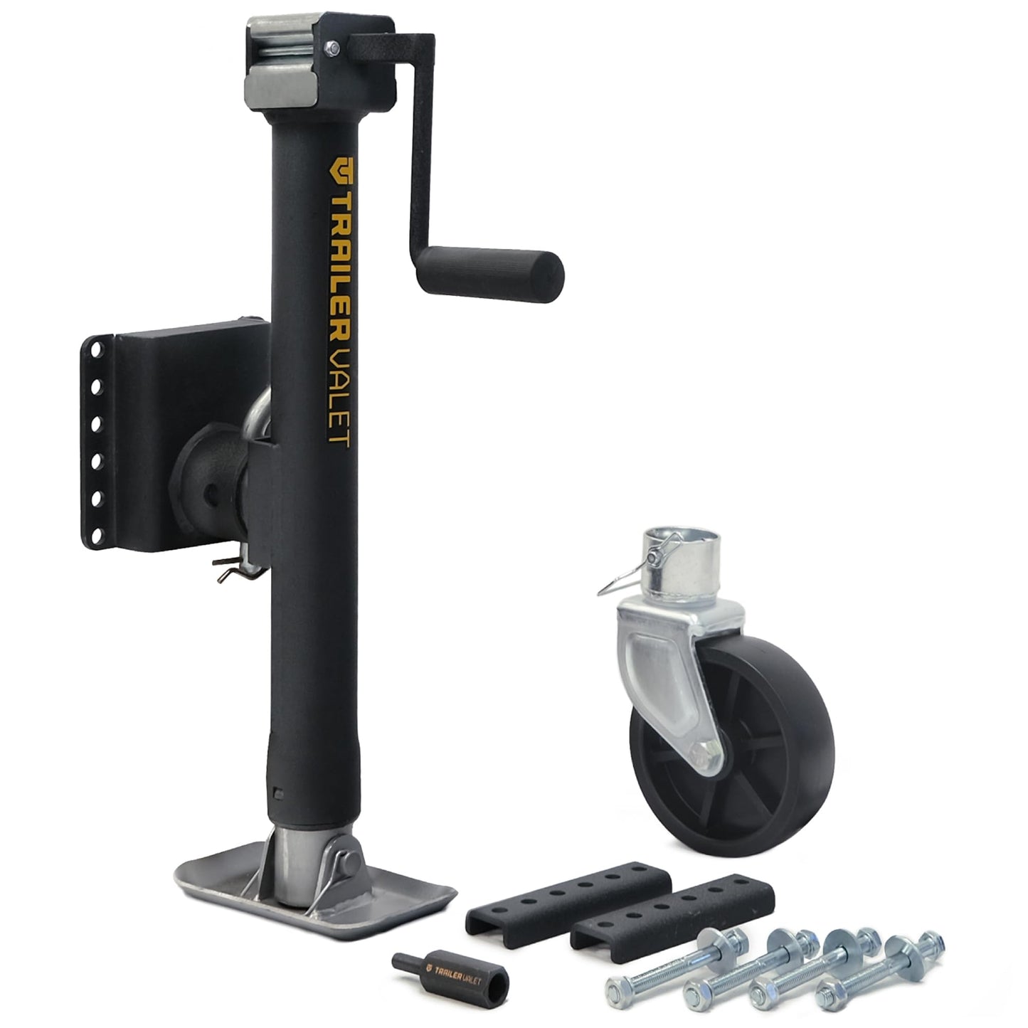 Trailer Valet Side Mount Trailer Jack with Drill-Powered Operation and Wheel Attachment, 5,000 LB Static Capacity, Wrinkle Black Finish, Manual Crank and Drill Adapter Included
