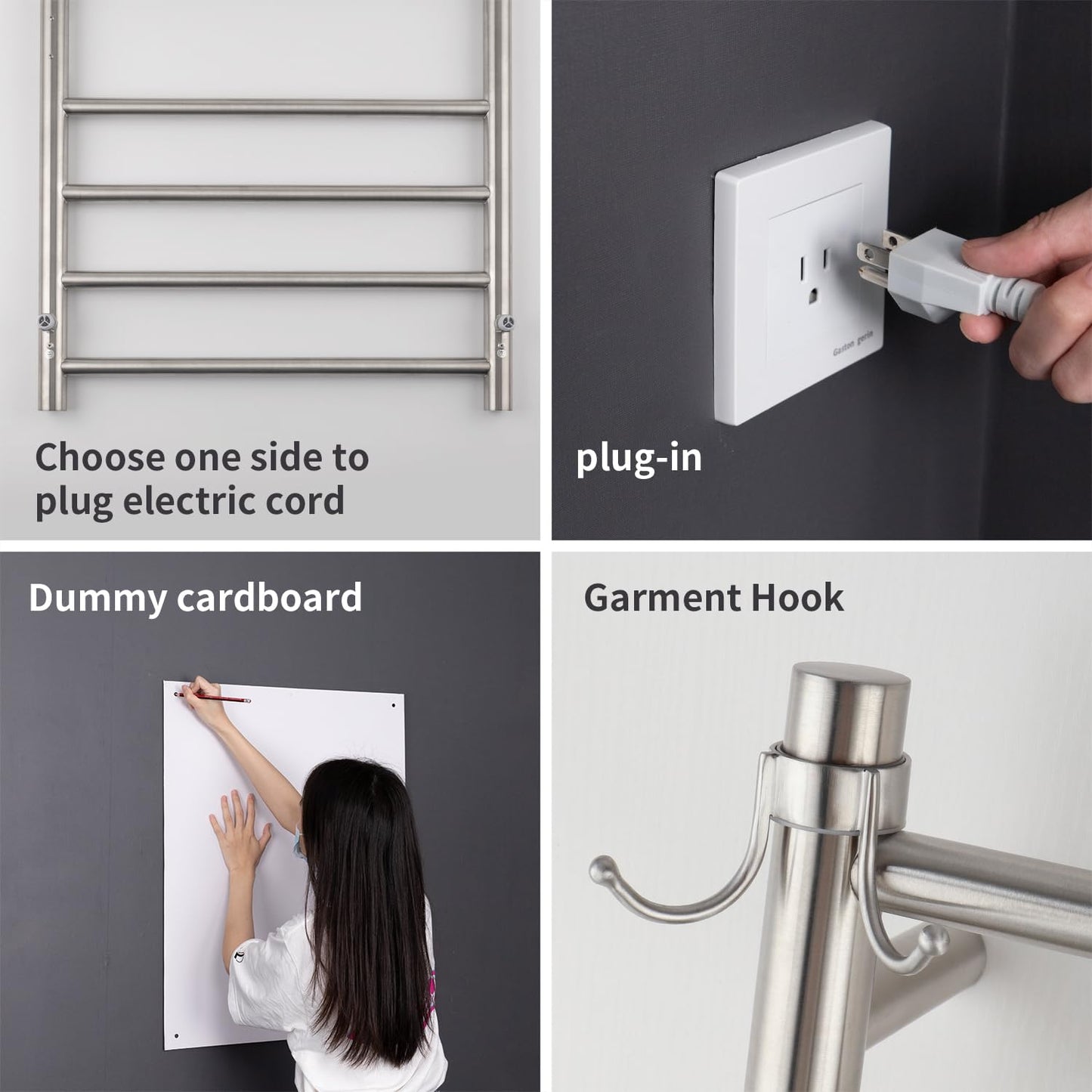NORTTA Wall Mounted Towel Warmer 8 Bars with Plug-in and Hardwired Options 3 Working Modes Brushed Stainless Steel 21” W 34” H
